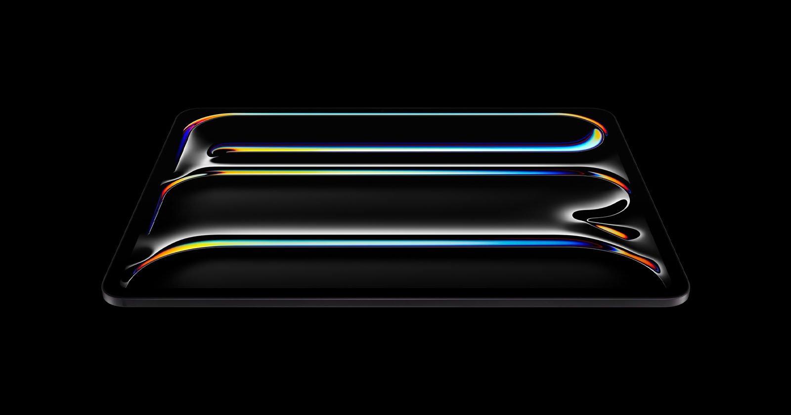 A sleek, rectangular object with a glossy black surface and curved, glowing edges in vibrant colors sits against a solid black background, creating a futuristic and abstract visual effect. A sleek, rectangular object with a glossy black surface and curved, glowing edges in vibrant colors sits against a solid black background, creating a futuristic and abstract visual effect.