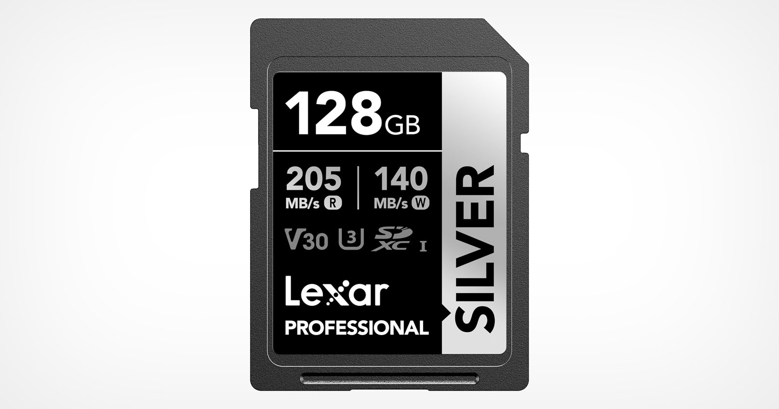 Image of a Lexar Professional Silver SD card with a storage capacity of 128GB. The card shows read speeds of 205 MB/s and write speeds of 140 MB/s. It is labeled with various specifications including V30, U3, and SDXC I. Image of a Lexar Professional Silver SD card with a storage capacity of 128GB. The card shows read speeds of 205 MB/s and write speeds of 140 MB/s. It is labeled with various specifications including V30, U3, and SDXC I.