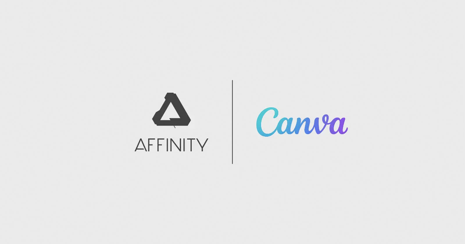 An image displaying two logos side by side: on the left, the Affinity logo, consisting of a triangular shape made up of three linked lines, with the word Affinity below it; on the right, the Canva logo in a stylish blue and purple gradient text. An image displaying two logos side by side: on the left, the Affinity logo, consisting of a triangular shape made up of three linked lines, with the word Affinity below it; on the right, the Canva logo in a stylish blue and purple gradient text.