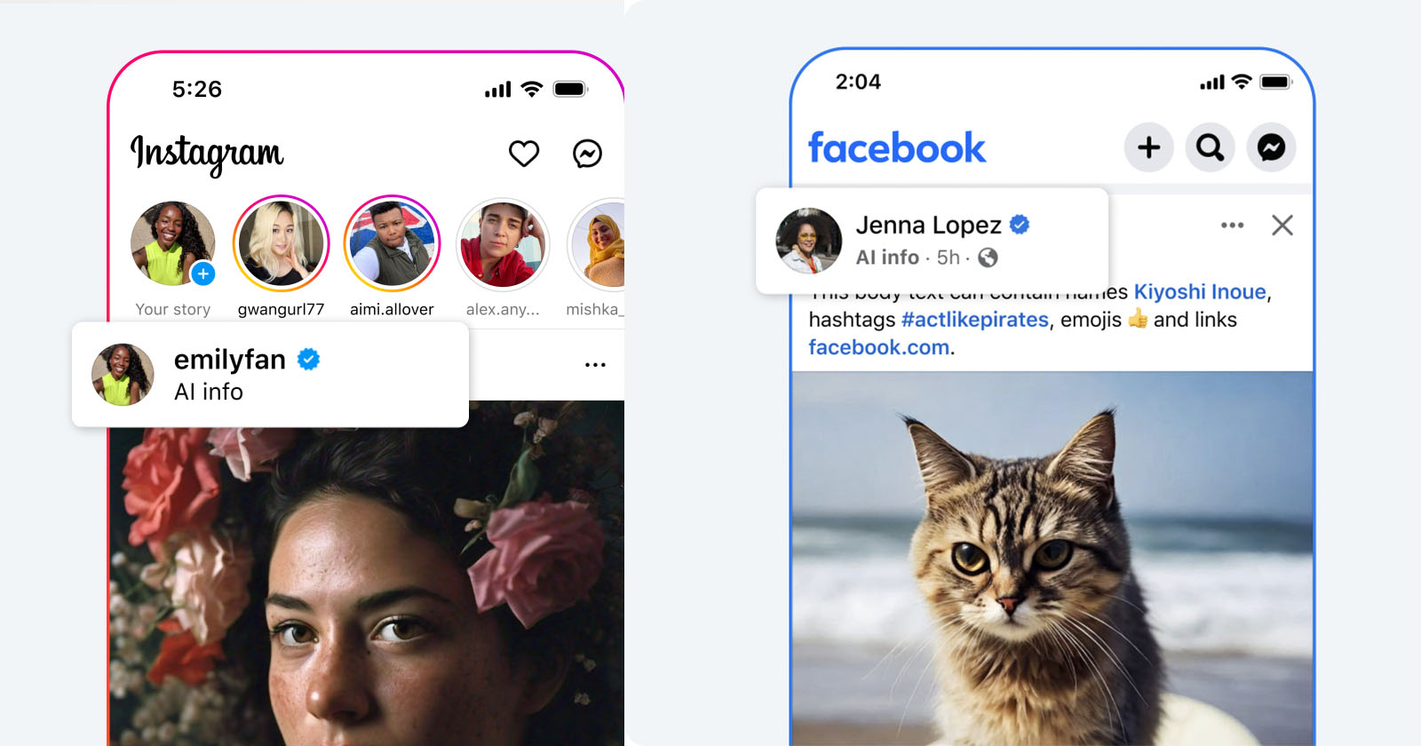 The image shows two social media user interfaces side-by-side. The left screen displays an Instagram feed with stories and a highlighted profile named emilyfan. The right screen shows a Facebook post by Jenna Lopez, featuring a photo of a cat in front of a beach. The image shows two social media user interfaces side-by-side. The left screen displays an Instagram feed with stories and a highlighted profile named emilyfan. The right screen shows a Facebook post by Jenna Lopez, featuring a photo of a cat in front of a beach.