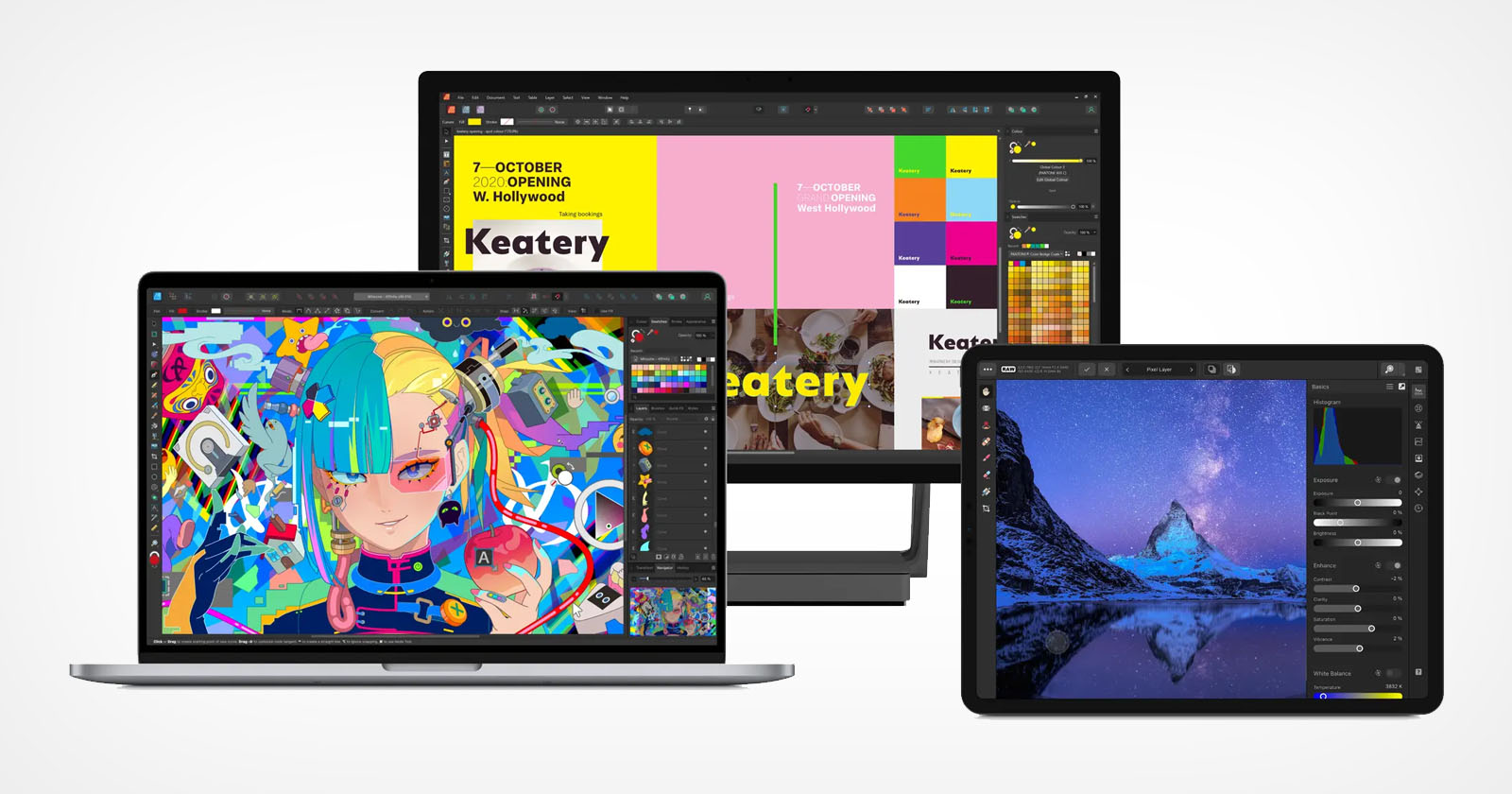 A digital illustration of a colorful anime-style character is displayed on a laptop screen. Behind it, there is a monitor showing a design interface with blocks of text and color palettes. An adjacent tablet screen features a serene mountain and starry sky scene. A digital illustration of a colorful anime-style character is displayed on a laptop screen. Behind it, there is a monitor showing a design interface with blocks of text and color palettes. An adjacent tablet screen features a serene mountain and starry sky scene.