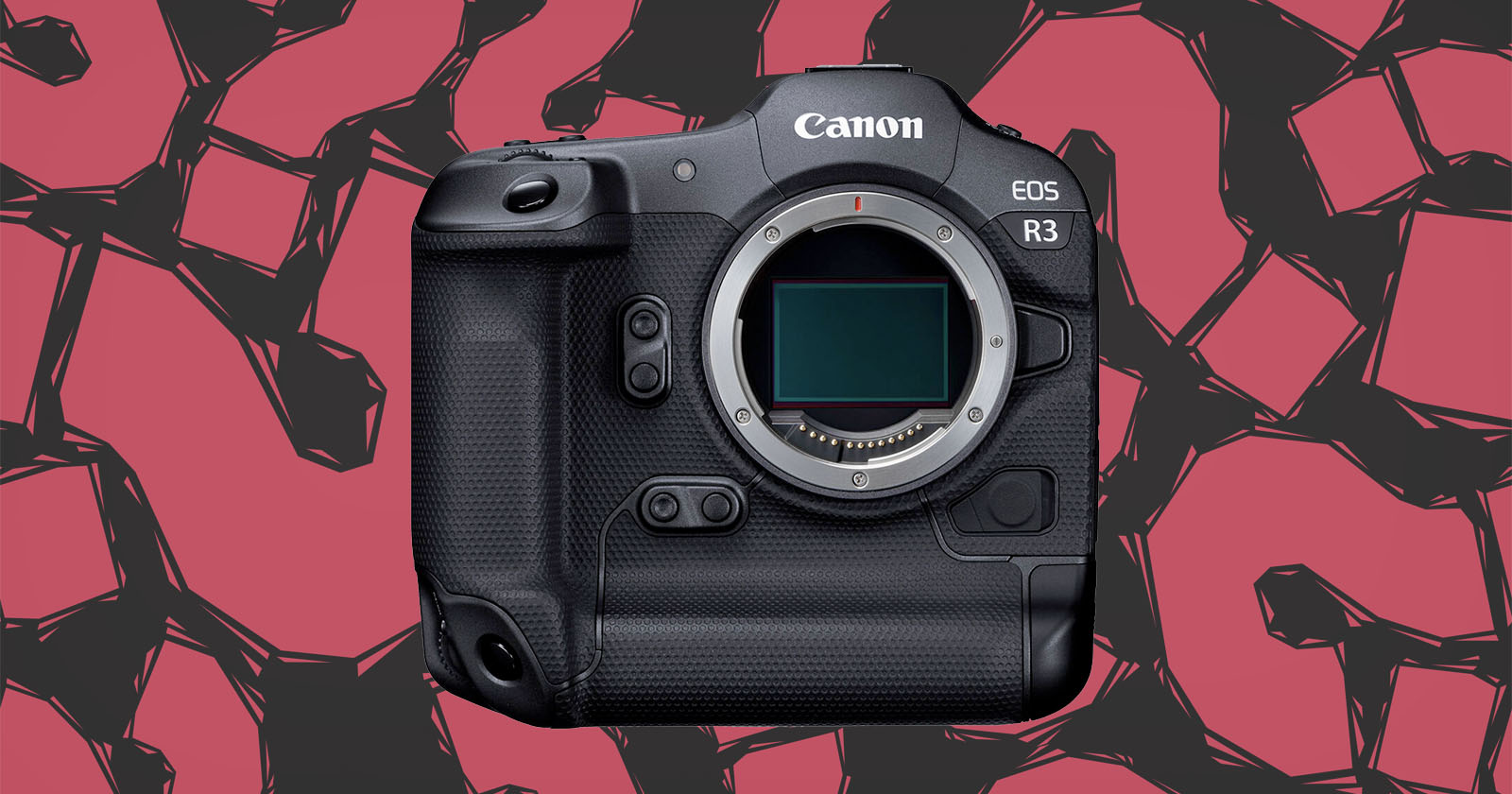 A Canon EOS R3 camera body is centered against a background of abstract black geometric shapes on a red backdrop. The camera has a compact, rugged design with intricate details around the lens mount and various buttons and dials visible. A Canon EOS R3 camera body is centered against a background of abstract black geometric shapes on a red backdrop. The camera has a compact, rugged design with intricate details around the lens mount and various buttons and dials visible.