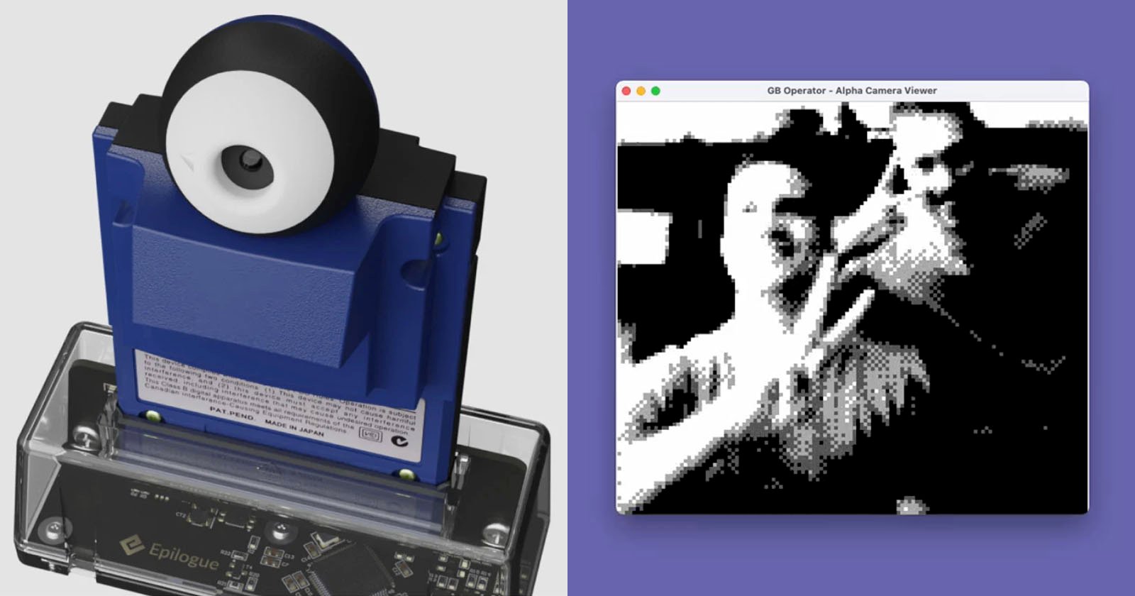Two images side by side: The left shows a close-up of a blue and black device with a lens on a transparent base labeled Epilogues. The right shows a grainy, black and white digital image of two people making peace signs, displayed on a computer screen. Two images side by side: The left shows a close-up of a blue and black device with a lens on a transparent base labeled Epilogues. The right shows a grainy, black and white digital image of two people making peace signs, displayed on a computer screen.