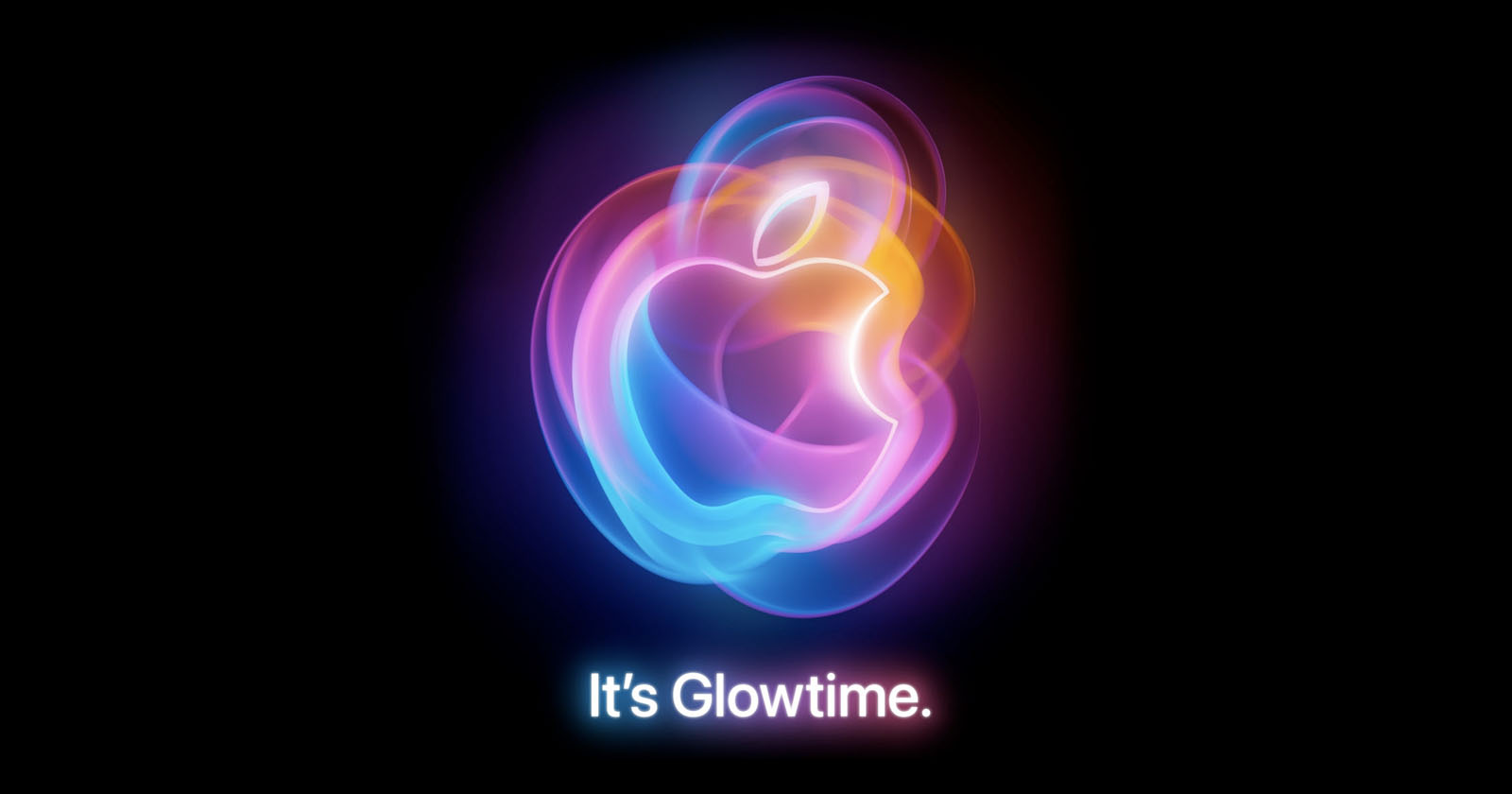 A luminous Apple logo comprising vibrant, transparent layers in shades of blue, pink, and orange is set against a black background. Below the logo, white text reads, It's Glowtime. A luminous Apple logo comprising vibrant, transparent layers in shades of blue, pink, and orange is set against a black background. Below the logo, white text reads, It's Glowtime.