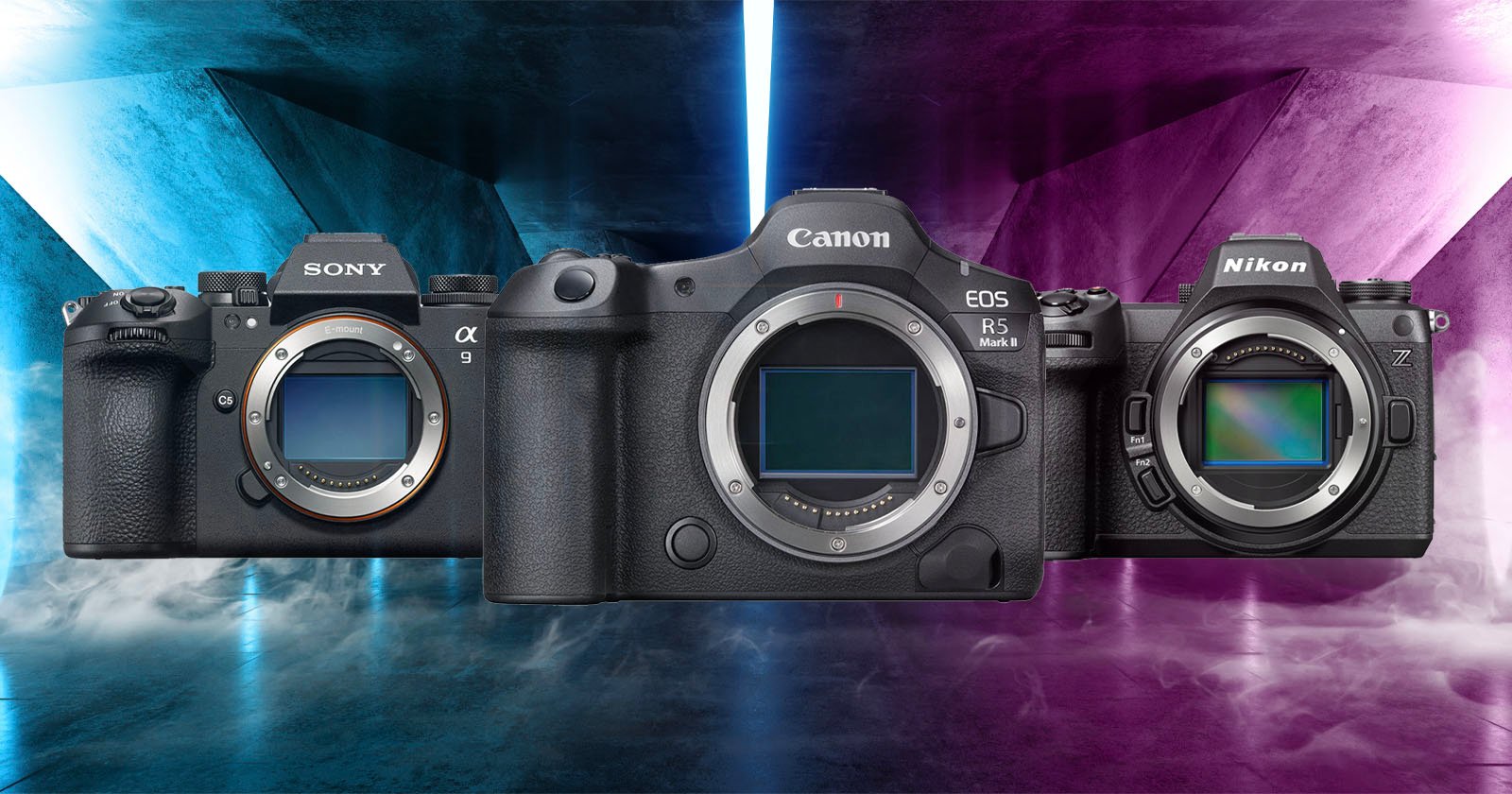 Three mirrorless camera bodies are displayed, from left to right: Sony A7R IV, Canon EOS R5 Mark II, and Nikon Z7. They are set against a vibrant, colorful background with blue and purple hues and illuminated by dramatic lighting. Three mirrorless camera bodies are displayed, from left to right: Sony A7R IV, Canon EOS R5 Mark II, and Nikon Z7. They are set against a vibrant, colorful background with blue and purple hues and illuminated by dramatic lighting.