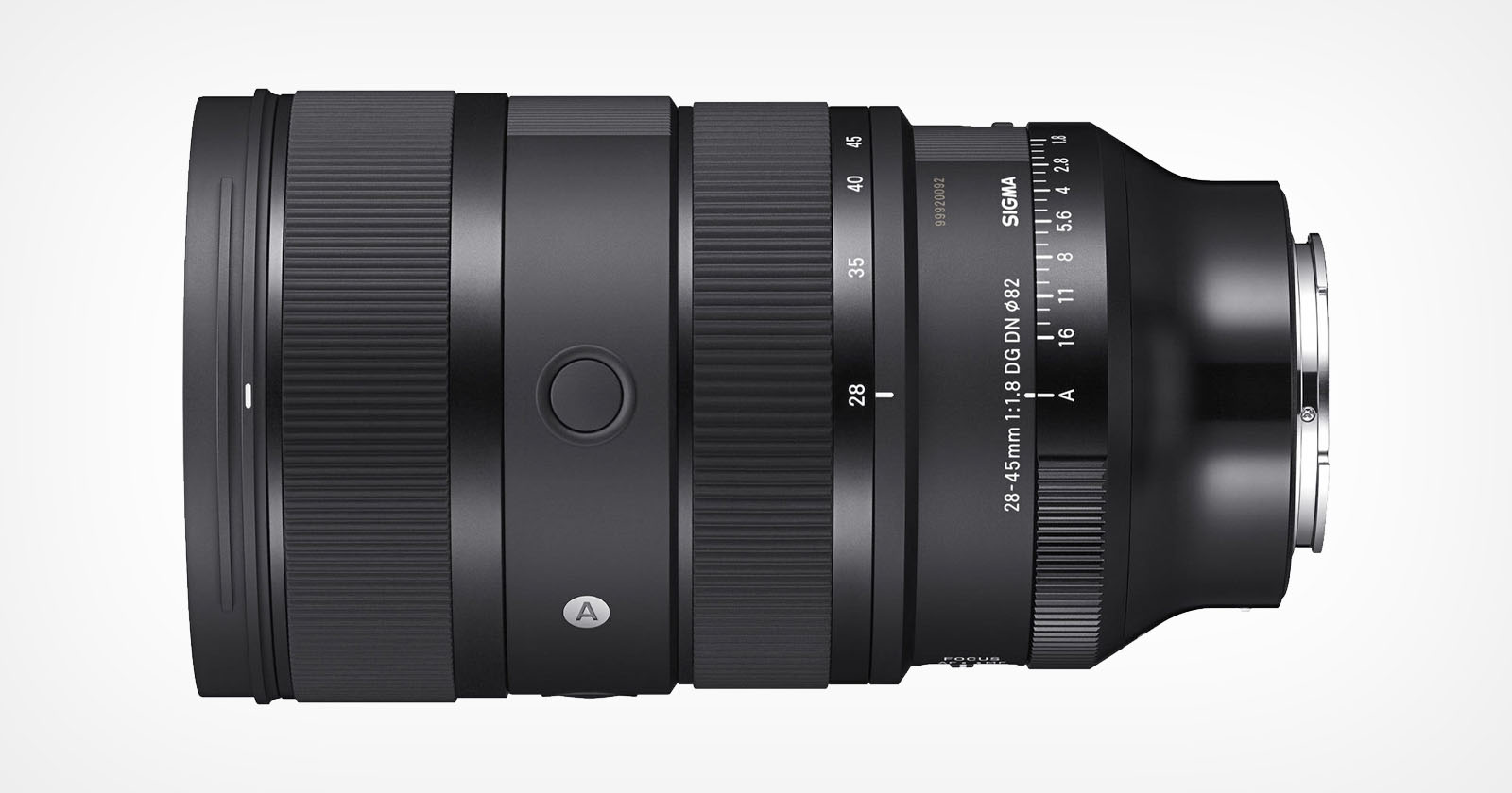 A Sigma camera lens is positioned horizontally against a white background. The lens features a focal length range of 28-45mm and an aperture of f/3.8. Various adjustment rings and control marks are visible, including a focus ring and a zoom ring. A Sigma camera lens is positioned horizontally against a white background. The lens features a focal length range of 28-45mm and an aperture of f/3.8. Various adjustment rings and control marks are visible, including a focus ring and a zoom ring.