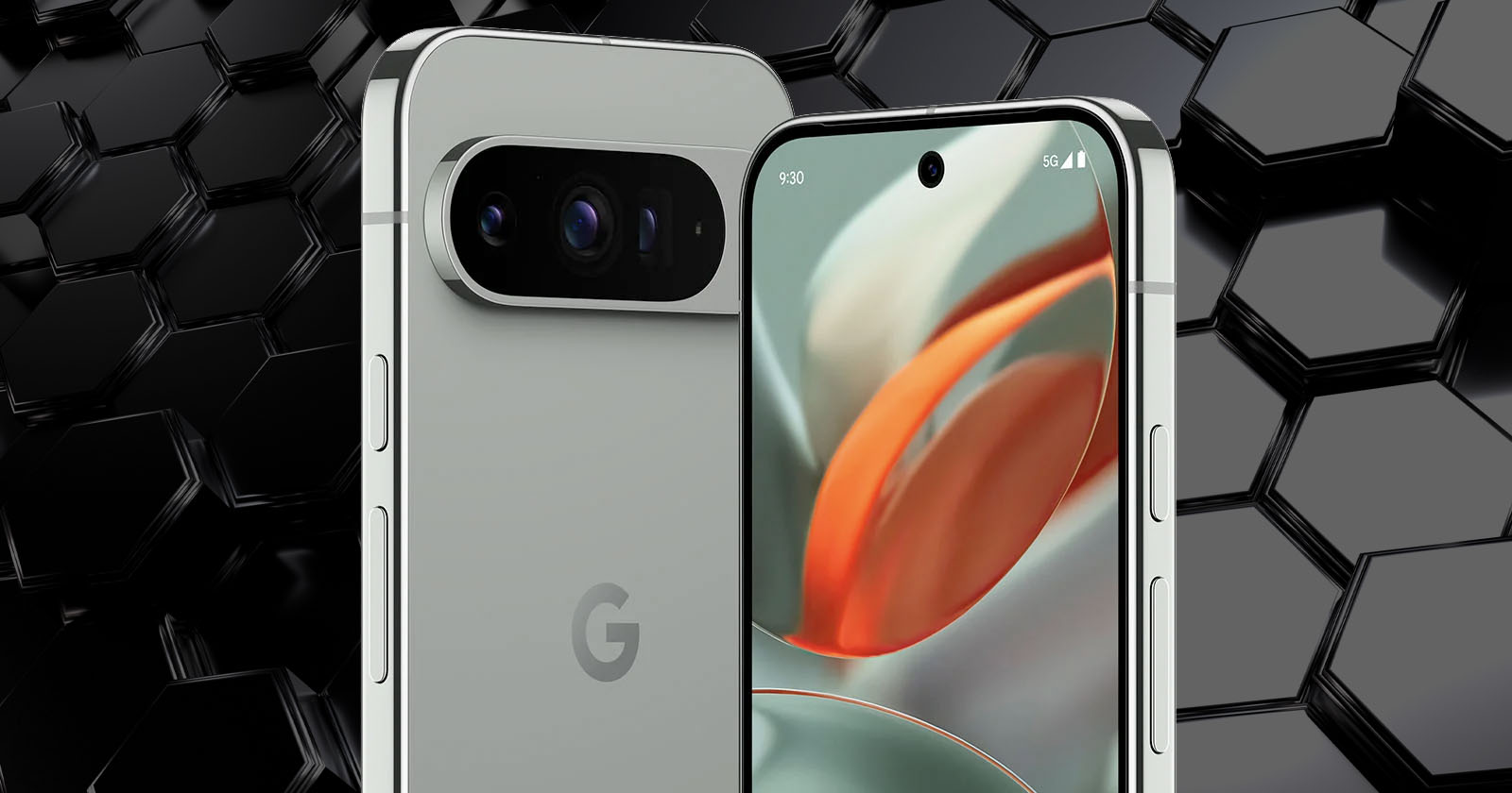 A sleek smartphone with a dual-lens rear camera and a display featuring abstract colorful shapes. The phone has a metallic finish and is set against a background of black hexagonal shapes. The Google logo is visible on the back of the device. A sleek smartphone with a dual-lens rear camera and a display featuring abstract colorful shapes. The phone has a metallic finish and is set against a background of black hexagonal shapes. The Google logo is visible on the back of the device.