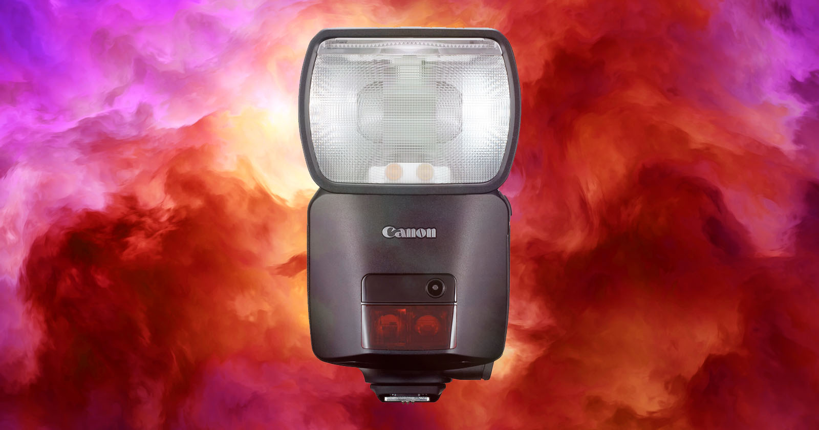 A Canon camera flash with a black body and large rectangular flash panel is centered against a vibrant, swirling background of purples, reds, and oranges. A Canon camera flash with a black body and large rectangular flash panel is centered against a vibrant, swirling background of purples, reds, and oranges.