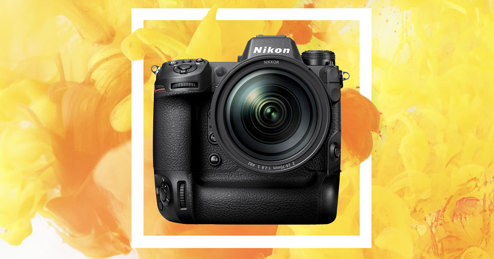 The image shows a Nikon DSLR camera with a large lens against a vibrant yellow and orange abstract background. The camera features multiple buttons and dials, and the brand name Nikon is visible on the upper portion near the viewfinder. The image shows a Nikon DSLR camera with a large lens against a vibrant yellow and orange abstract background. The camera features multiple buttons and dials, and the brand name Nikon is visible on the upper portion near the viewfinder.