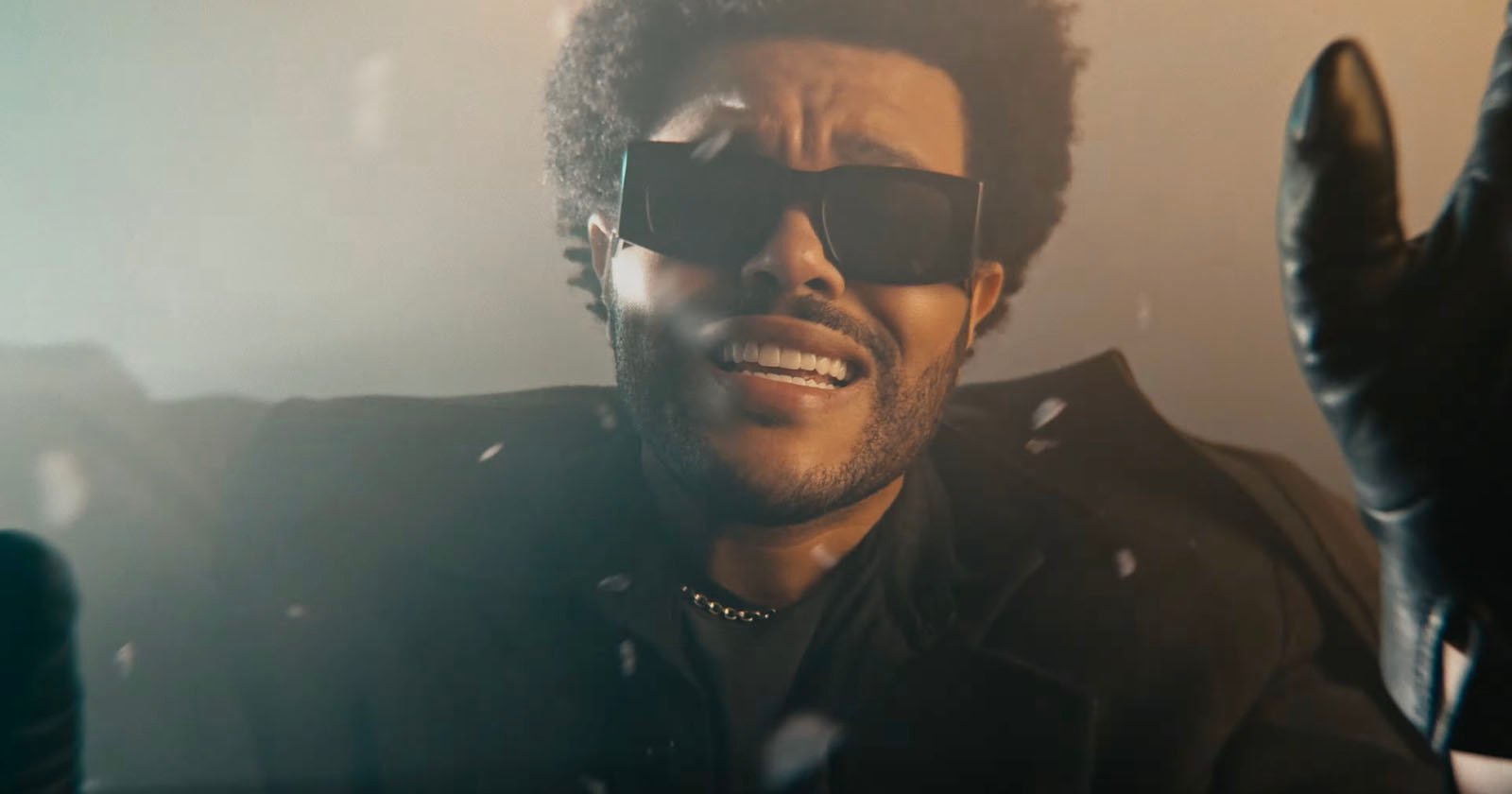 A person with short curly hair and a beard is wearing black sunglasses, a dark coat, a chain necklace, and black gloves. They have an expressive facial expression and are raising their hands. The lighting is moody with a hazy background. A person with short curly hair and a beard is wearing black sunglasses, a dark coat, a chain necklace, and black gloves. They have an expressive facial expression and are raising their hands. The lighting is moody with a hazy background.