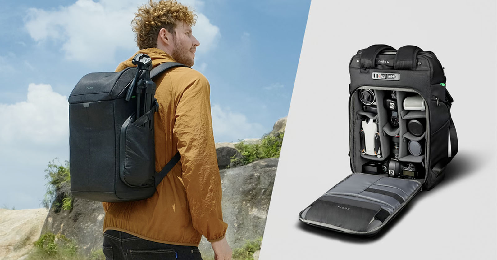 A person with curly hair, wearing an orange jacket, stands outside with a black backpack. Next to them is an open view of the backpack, showing compartments filled with camera equipment. A blue sky and rocks are in the background. A person with curly hair, wearing an orange jacket, stands outside with a black backpack. Next to them is an open view of the backpack, showing compartments filled with camera equipment. A blue sky and rocks are in the background.