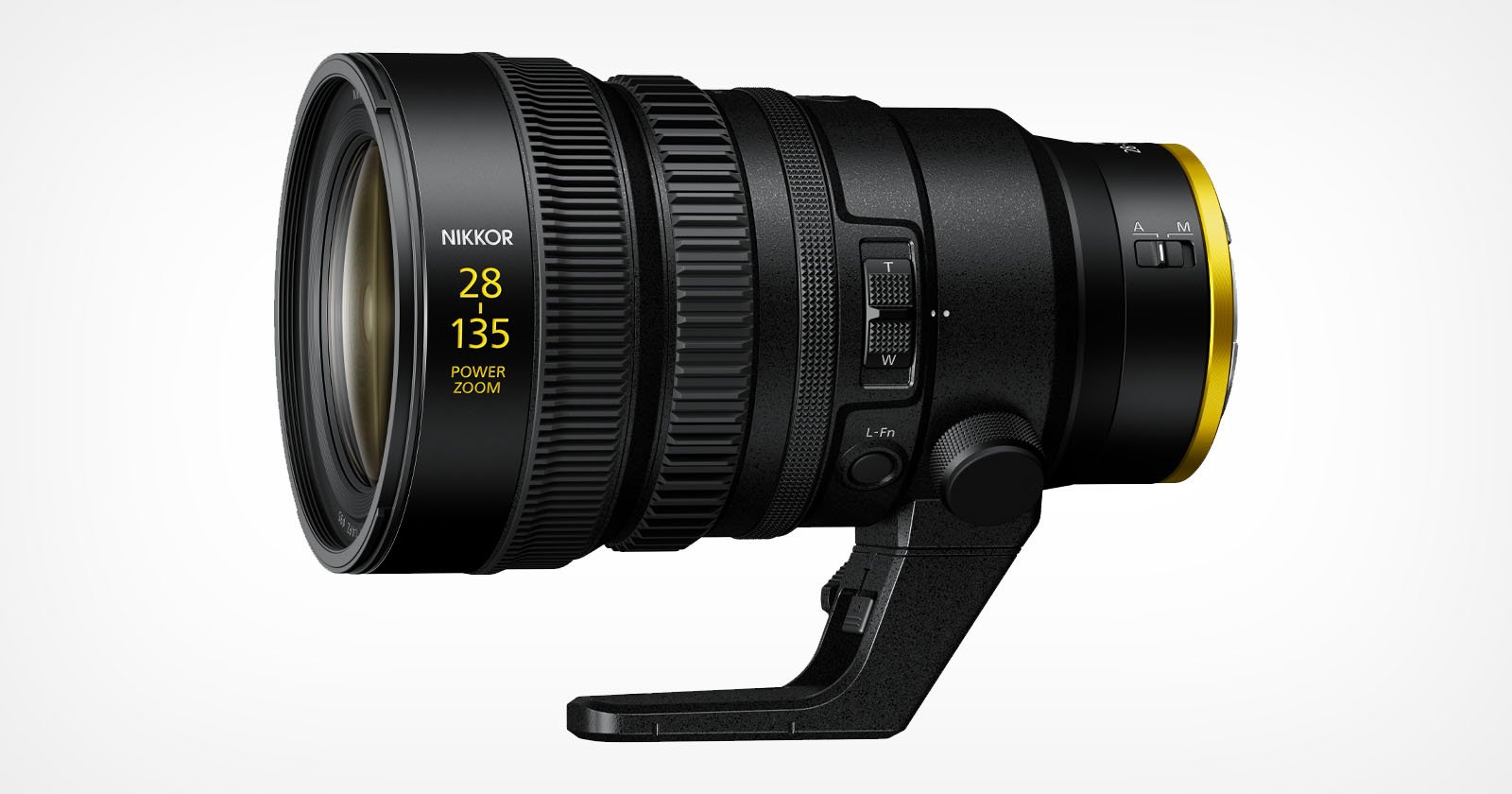 A professional NIKKOR camera lens with a range of 28-135mm and power zoom, featuring various adjustment dials and switches on its side, mounted on a tripod collar against a plain white background. A professional NIKKOR camera lens with a range of 28-135mm and power zoom, featuring various adjustment dials and switches on its side, mounted on a tripod collar against a plain white background.