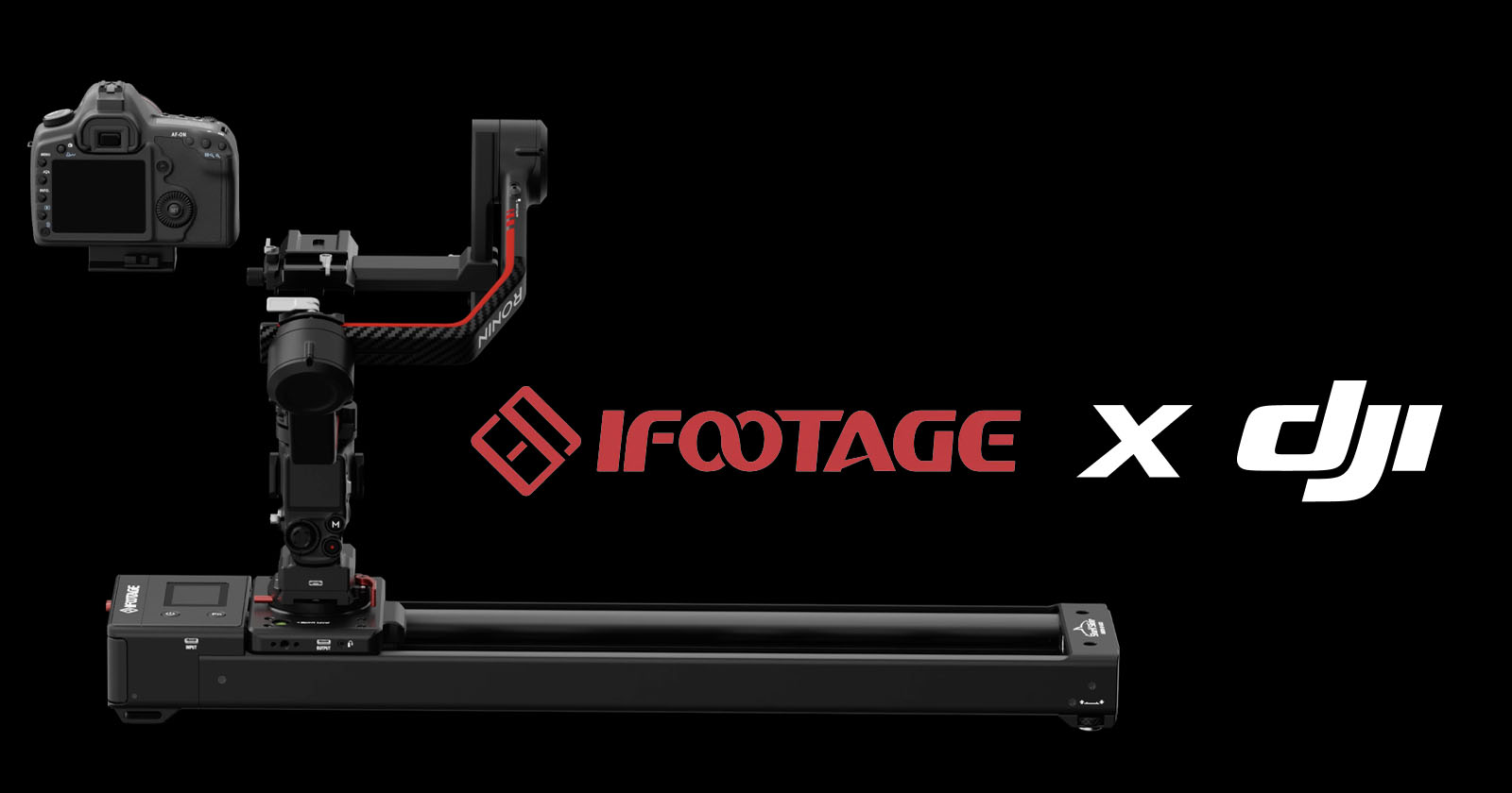 A camera is mounted on a motorized slider and gimbal system. The logos for “iFootage” and “DJI” are displayed prominently. The setup is on a black background, highlighting advanced video stabilization and motion control equipment. A camera is mounted on a motorized slider and gimbal system. The logos for “iFootage” and “DJI” are displayed prominently. The setup is on a black background, highlighting advanced video stabilization and motion control equipment.