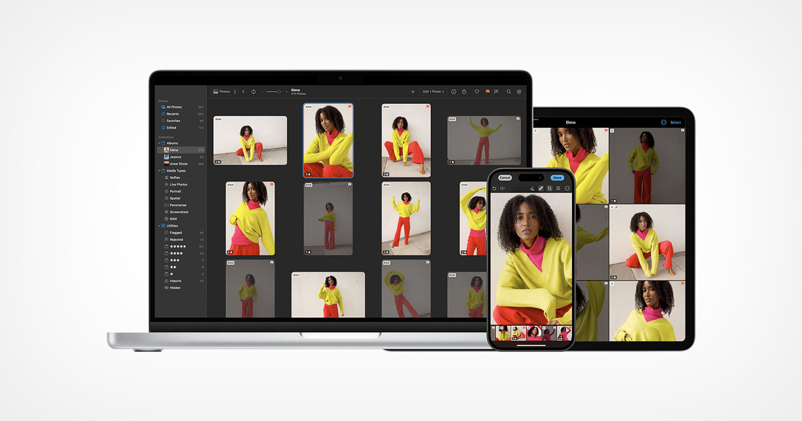 A laptop, tablet, and smartphone display a photo editing application featuring a woman in a yellow sweater and red pants. The devices showcase multiple images of her in various poses on a white background. A laptop, tablet, and smartphone display a photo editing application featuring a woman in a yellow sweater and red pants. The devices showcase multiple images of her in various poses on a white background.