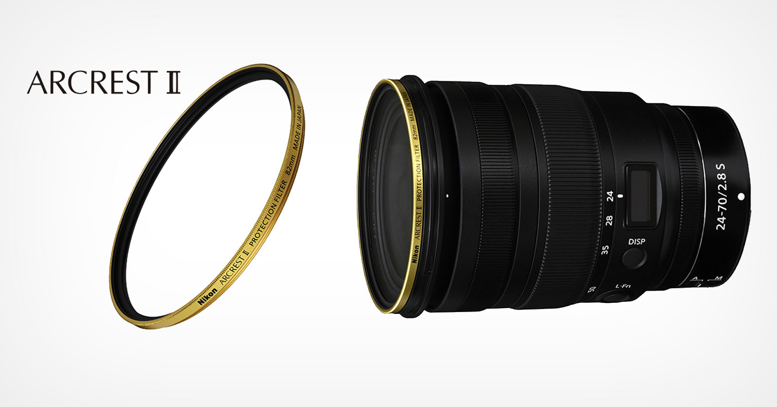 A black camera lens with a digital display, labeled 24-70/2.8 S, is shown alongside a separate circular lens filter with a gold rim. The text ARCREST II is in the top left corner. A black camera lens with a digital display, labeled 24-70/2.8 S, is shown alongside a separate circular lens filter with a gold rim. The text ARCREST II is in the top left corner.