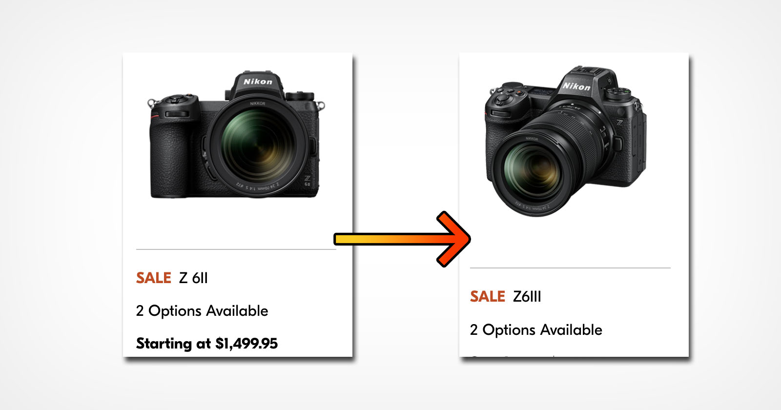 Two Nikon camera images side by side. The left is labeled SALE Z 6II and priced at $1,499.95, while the right says SALE Z6III with no price visible. Both have 2 Options Available text. An arrow points from left to right, suggesting an upgrade. Two Nikon camera images side by side. The left is labeled SALE Z 6II and priced at $1,499.95, while the right says SALE Z6III with no price visible. Both have 2 Options Available text. An arrow points from left to right, suggesting an upgrade.