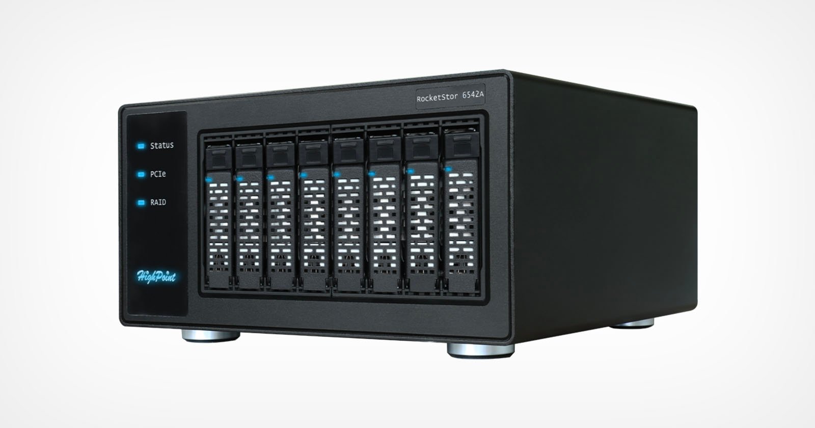 A black RAID storage server with eight hard drive bays and LED status indicators on the left. The front panel displays HighPoint branding. The server is set against a plain light grey background. A black RAID storage server with eight hard drive bays and LED status indicators on the left. The front panel displays HighPoint branding. The server is set against a plain light grey background.