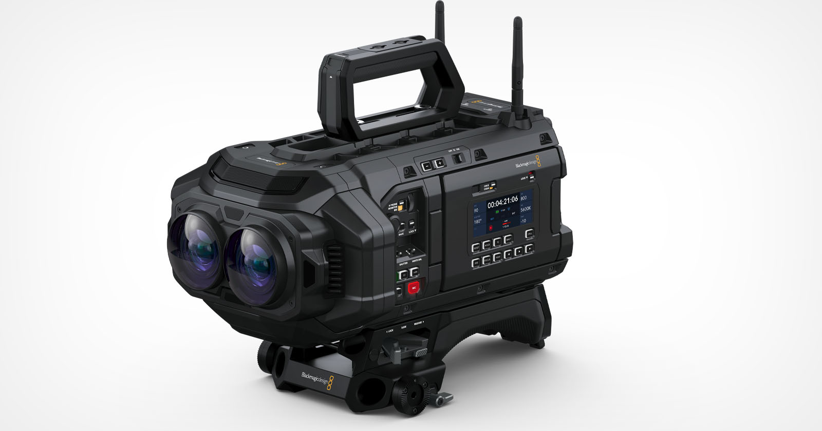 A professional black video camera with dual lenses and a handle on top. Numerous buttons and a small display screen are visible on the side. The camera is designed for advanced filmmaking. A professional black video camera with dual lenses and a handle on top. Numerous buttons and a small display screen are visible on the side. The camera is designed for advanced filmmaking.
