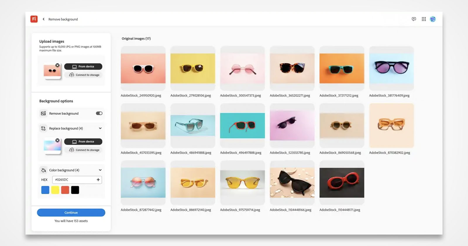 A digital interface displaying a collection of sunglasses images against colorful backgrounds. On the left, options for uploading images, background changes, and color adjustments are visible. A digital interface displaying a collection of sunglasses images against colorful backgrounds. On the left, options for uploading images, background changes, and color adjustments are visible.