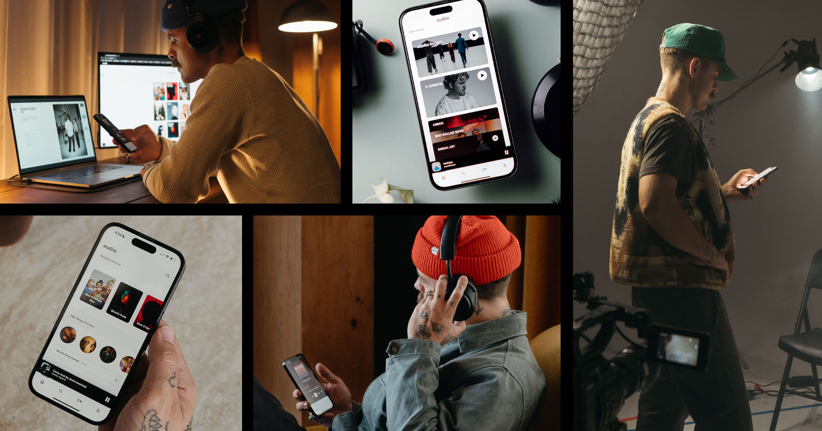 Collage of people using smartphones and laptops. Top left: person at a desk with a laptop. Center: phone displaying a social media app. Bottom left: person browsing music. Right images: individuals in casual settings using phones. Collage of people using smartphones and laptops. Top left: person at a desk with a laptop. Center: phone displaying a social media app. Bottom left: person browsing music. Right images: individuals in casual settings using phones.