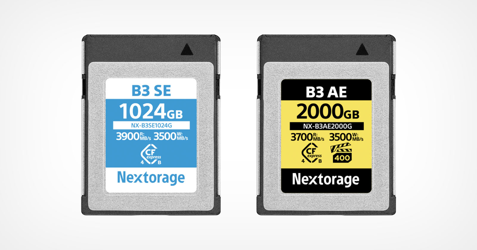 Two Nextorage memory cards are shown: the left card is labeled B3 SE 1024GB with read/write speeds of 3900MB/s and 3500MB/s. The right card is labeled B3 AE 2000GB with speeds of 3700MB/s and 3500MB/s. Two Nextorage memory cards are shown: the left card is labeled B3 SE 1024GB with read/write speeds of 3900MB/s and 3500MB/s. The right card is labeled B3 AE 2000GB with speeds of 3700MB/s and 3500MB/s.
