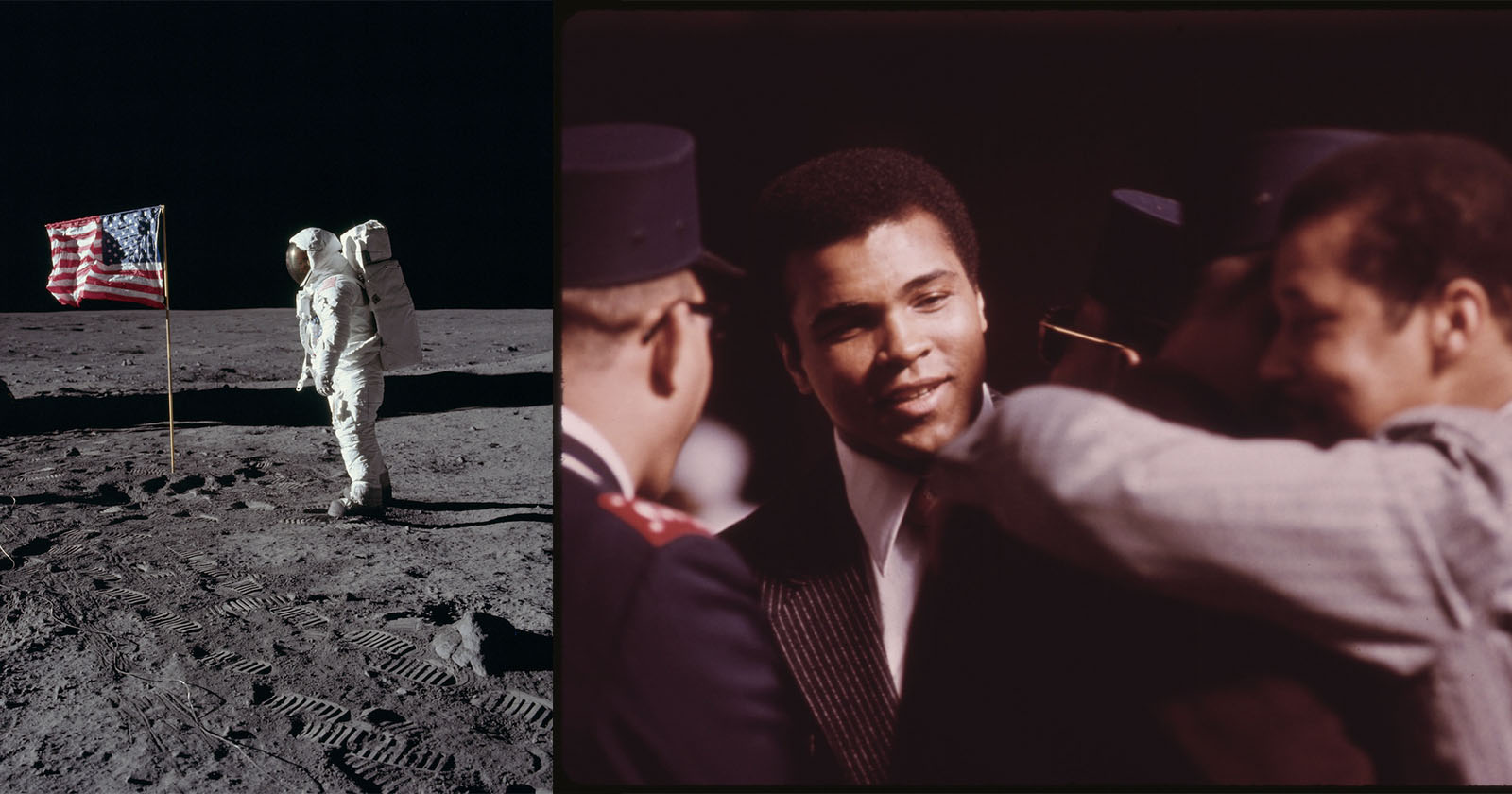 On the left, an astronaut stands on the moon beside an American flag. On the right, a well-dressed man is surrounded by people in a social setting. On the left, an astronaut stands on the moon beside an American flag. On the right, a well-dressed man is surrounded by people in a social setting.