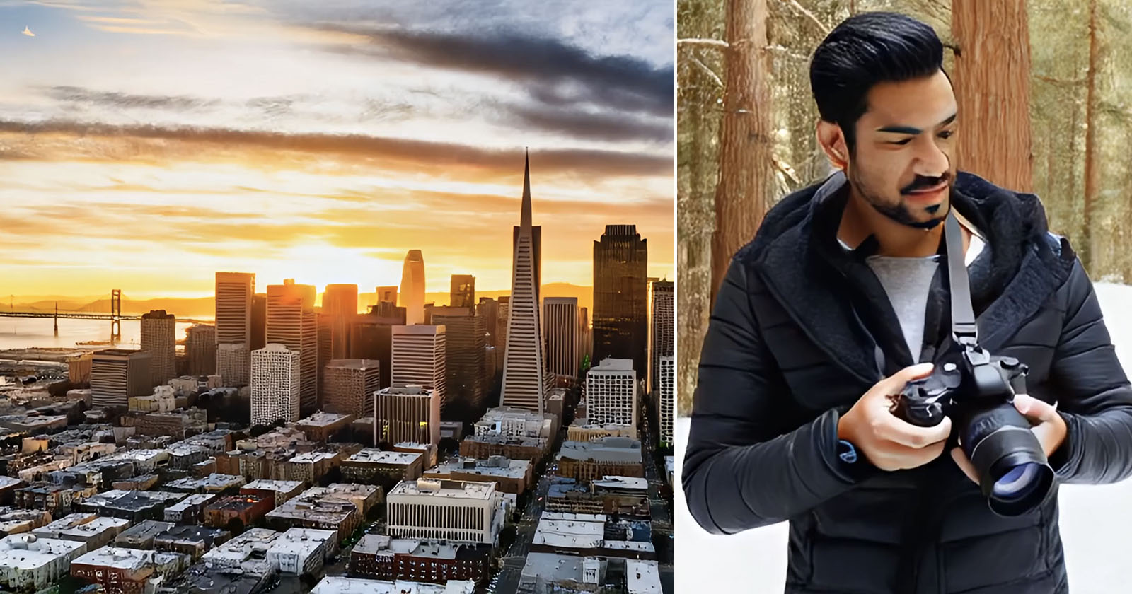 Left: Aerial view of a city skyline at sunset, with skyscrapers and a bridge. Right: A person in a black jacket holding a camera, standing in a snowy forest with tall trees. Left: Aerial view of a city skyline at sunset, with skyscrapers and a bridge. Right: A person in a black jacket holding a camera, standing in a snowy forest with tall trees.