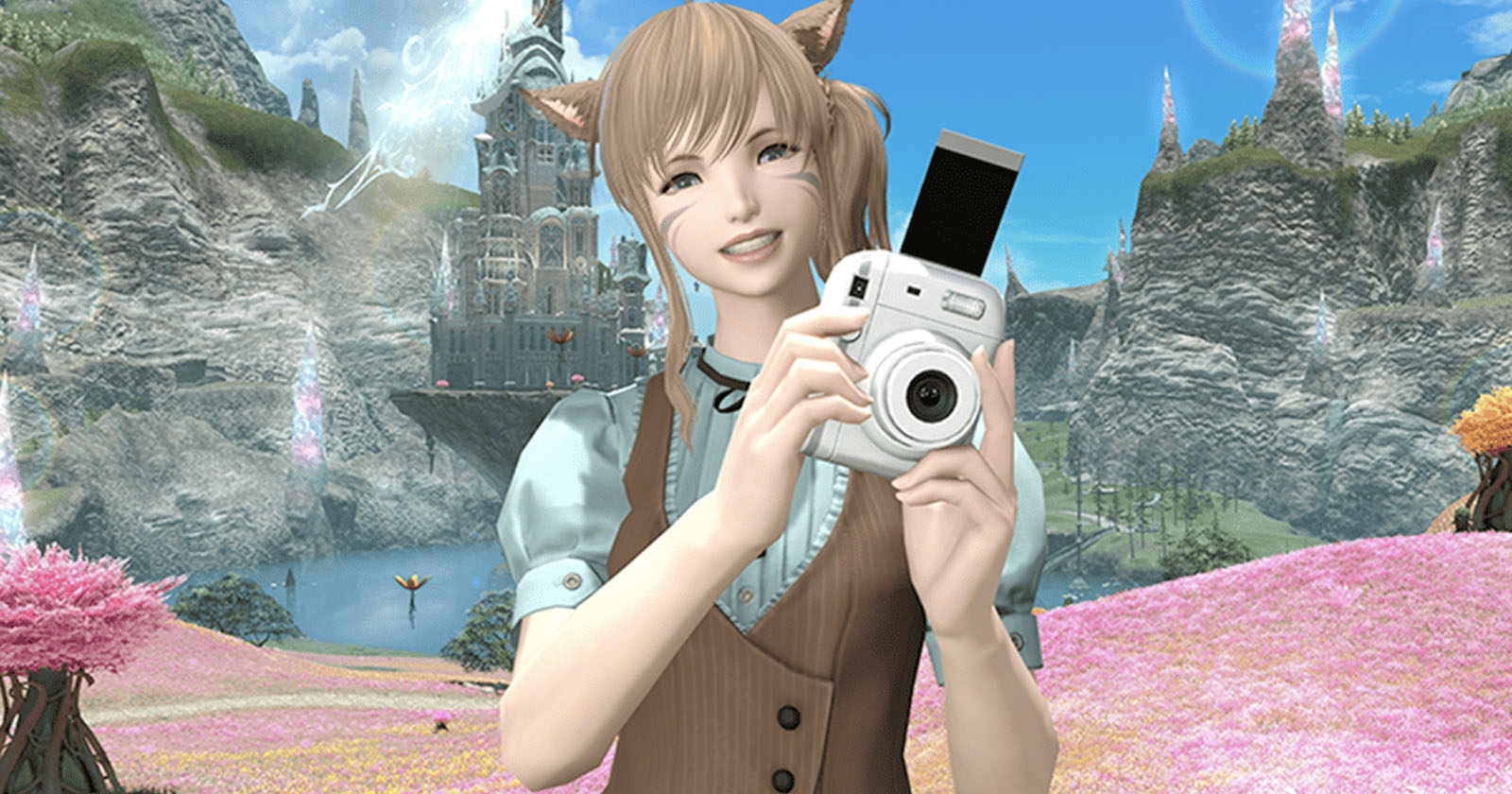 A character with cat ears and a cheerful expression holds a camera against a bright landscape. The background features a fantasy setting with a tall, ornate tower, vibrant pink and green fields, and a clear blue sky. A character with cat ears and a cheerful expression holds a camera against a bright landscape. The background features a fantasy setting with a tall, ornate tower, vibrant pink and green fields, and a clear blue sky.