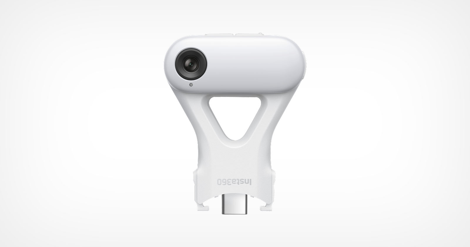 A compact white camera device with a cylindrical shape and a single lens at the top. The body has a triangular cutout and Insta360 branding at the bottom. The device is shown against a plain white background. A compact white camera device with a cylindrical shape and a single lens at the top. The body has a triangular cutout and Insta360 branding at the bottom. The device is shown against a plain white background.