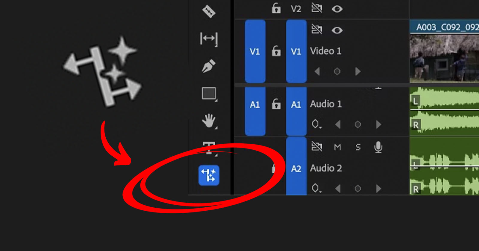 A video editing timeline interface features audio and video tracks. A red circle and arrow highlight an icon resembling a star with arrows. The icon is situated in a row of tools on the timeline. A video editing timeline interface features audio and video tracks. A red circle and arrow highlight an icon resembling a star with arrows. The icon is situated in a row of tools on the timeline.