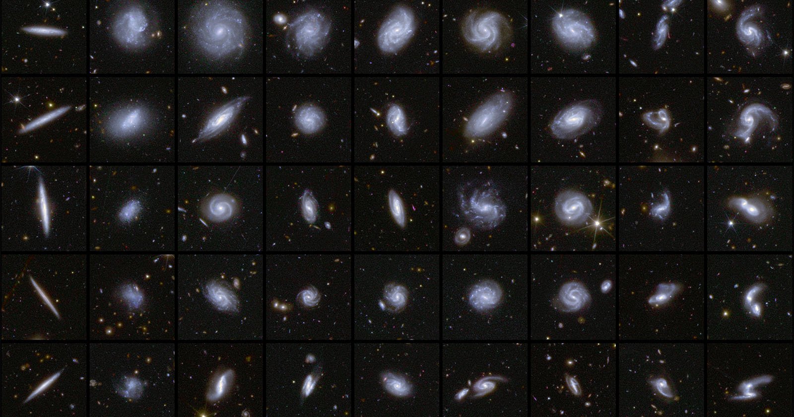 A grid displaying various galaxies captured by the Hubble Space Telescope. Each square shows galaxies with different shapes and spiral patterns against a dark background speckled with distant stars. A grid displaying various galaxies captured by the Hubble Space Telescope. Each square shows galaxies with different shapes and spiral patterns against a dark background speckled with distant stars.