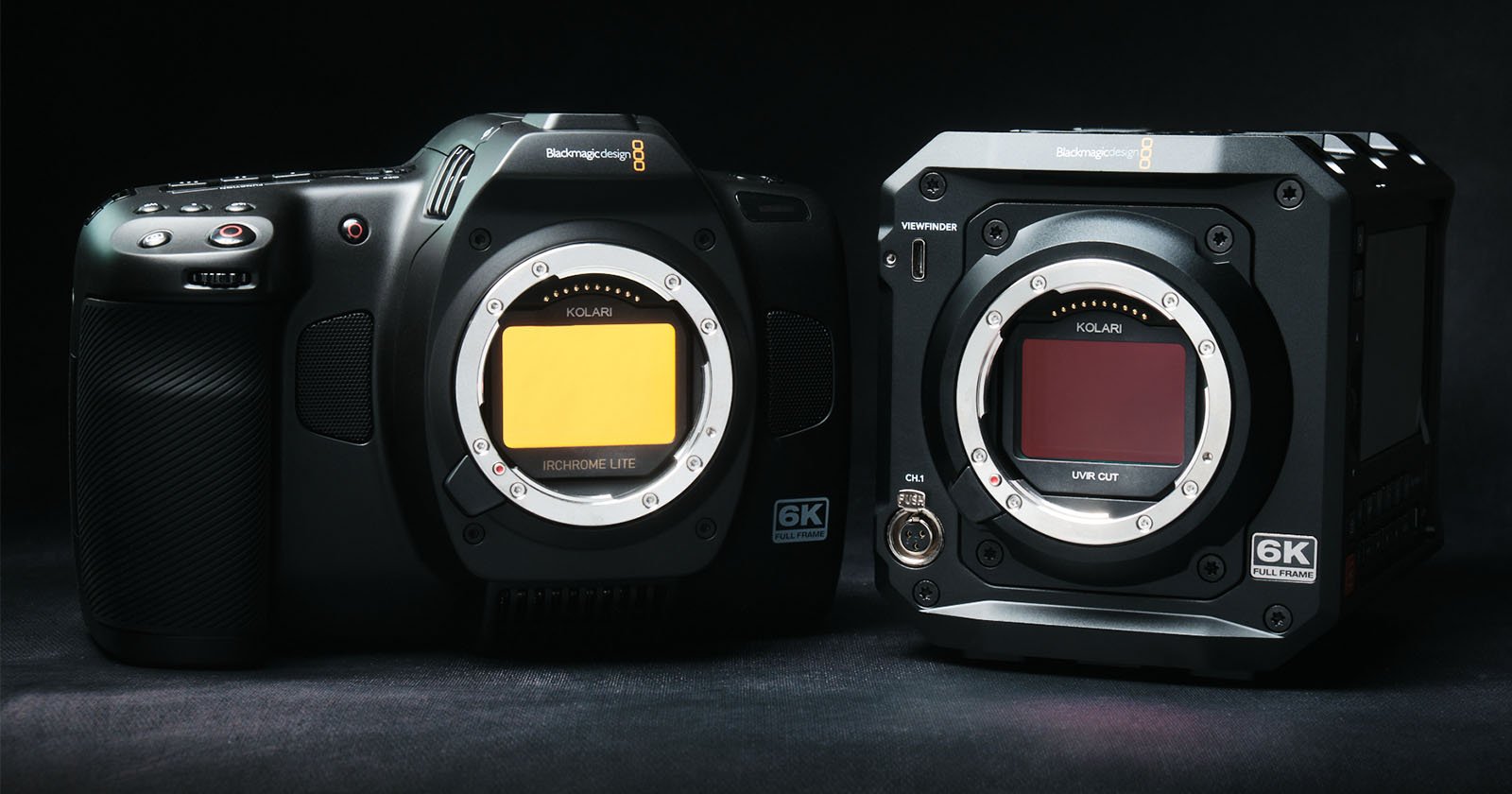 Two Blackmagic 6K cameras are displayed against a dark background. The camera on the left is bulkier with a more extended grip, while the one on the right has a boxy, modular design. Both have Kolar infrared filters attached. Two Blackmagic 6K cameras are displayed against a dark background. The camera on the left is bulkier with a more extended grip, while the one on the right has a boxy, modular design. Both have Kolar infrared filters attached.
