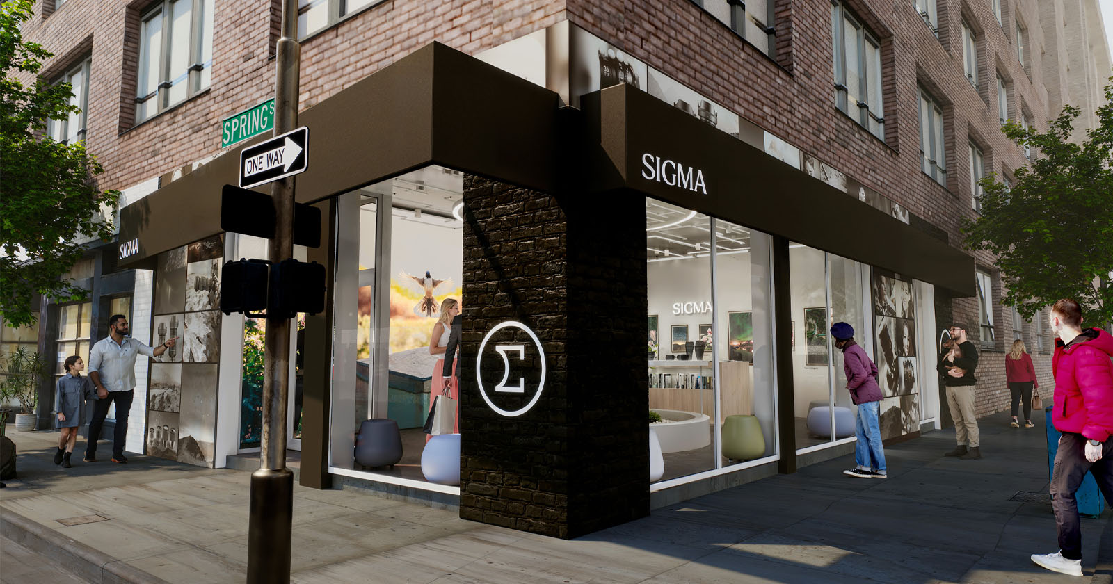 Street view of a Sigma store on a city corner, featuring a black and white modern exterior. People walk by and stand near the entrance. Large windows display camera equipment inside. Street signs read Spring and One Way. Sunlight illuminates the scene. Street view of a Sigma store on a city corner, featuring a black and white modern exterior. People walk by and stand near the entrance. Large windows display camera equipment inside. Street signs read Spring and One Way. Sunlight illuminates the scene.