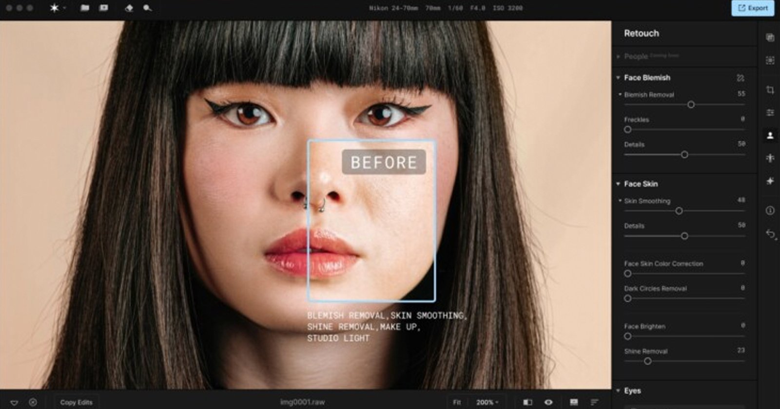 A photo editing software interface displaying a close-up image of a woman's face. The screen shows various retouching sliders on the right, including blemish, skin smoothing, and eye adjustments. A Before label is centered on her face. A photo editing software interface displaying a close-up image of a woman's face. The screen shows various retouching sliders on the right, including blemish, skin smoothing, and eye adjustments. A Before label is centered on her face.