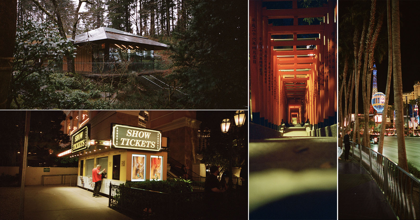 A collage of four photos: a house in a forest, a red torii gate tunnel at night, a lit Show Tickets booth, and a lively nighttime city scene with palm trees and glowing streetlights. A collage of four photos: a house in a forest, a red torii gate tunnel at night, a lit Show Tickets booth, and a lively nighttime city scene with palm trees and glowing streetlights.
