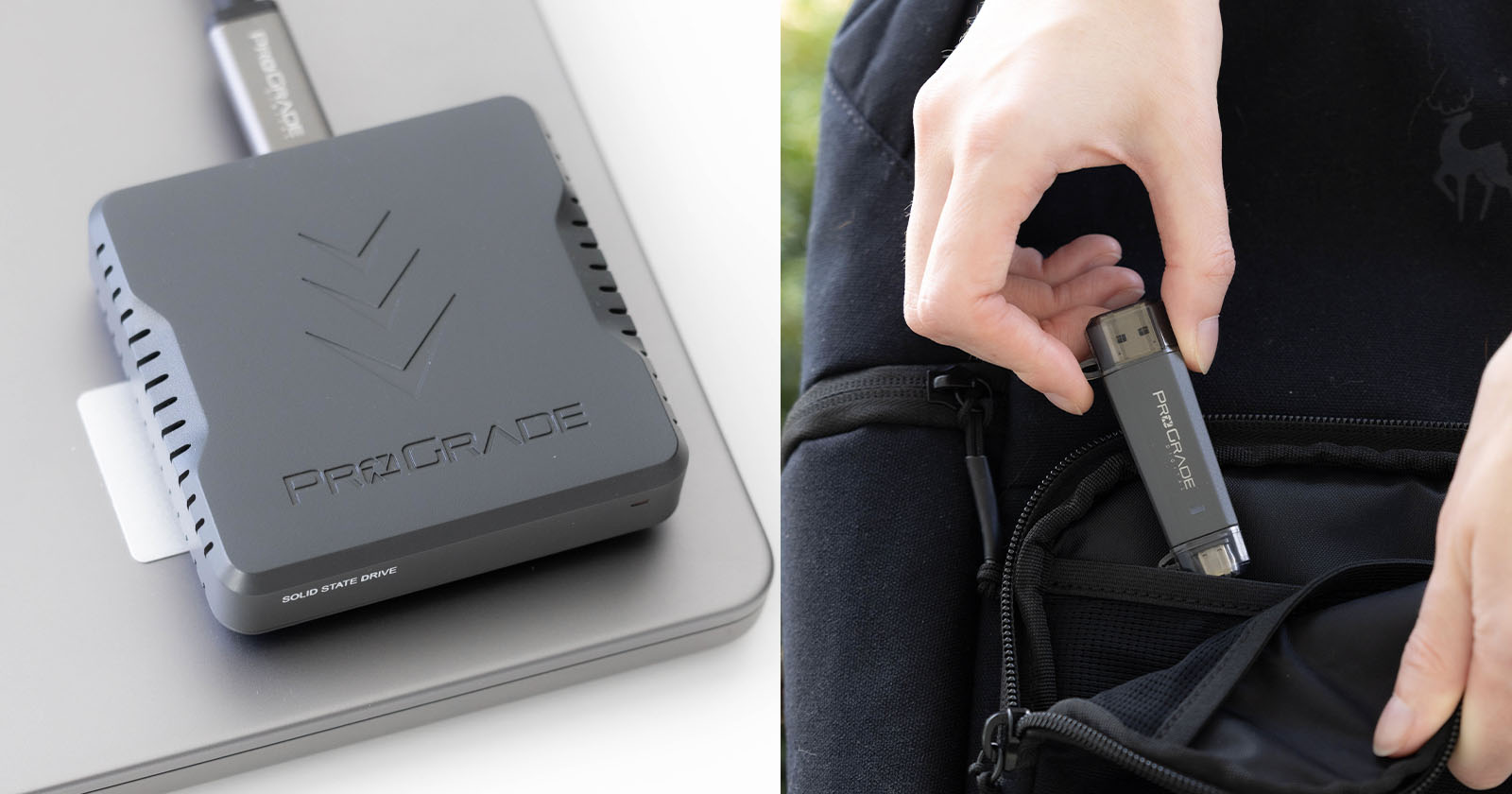 The image shows a ProGrade card reader on a laptop and a hand placing a smaller ProGrade device into a backpack pocket. The card reader has a cable attached, and the devices are dark grey with the brand name visible. The image shows a ProGrade card reader on a laptop and a hand placing a smaller ProGrade device into a backpack pocket. The card reader has a cable attached, and the devices are dark grey with the brand name visible.