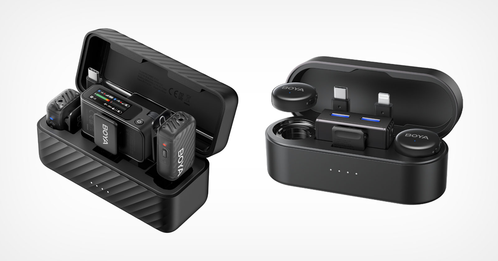 Two compact black electronic kits are shown open. The left case holds two wireless microphones and a receiver. The right case holds two wireless earbuds and charging connectors. Both cases have LED indicators. Two compact black electronic kits are shown open. The left case holds two wireless microphones and a receiver. The right case holds two wireless earbuds and charging connectors. Both cases have LED indicators.