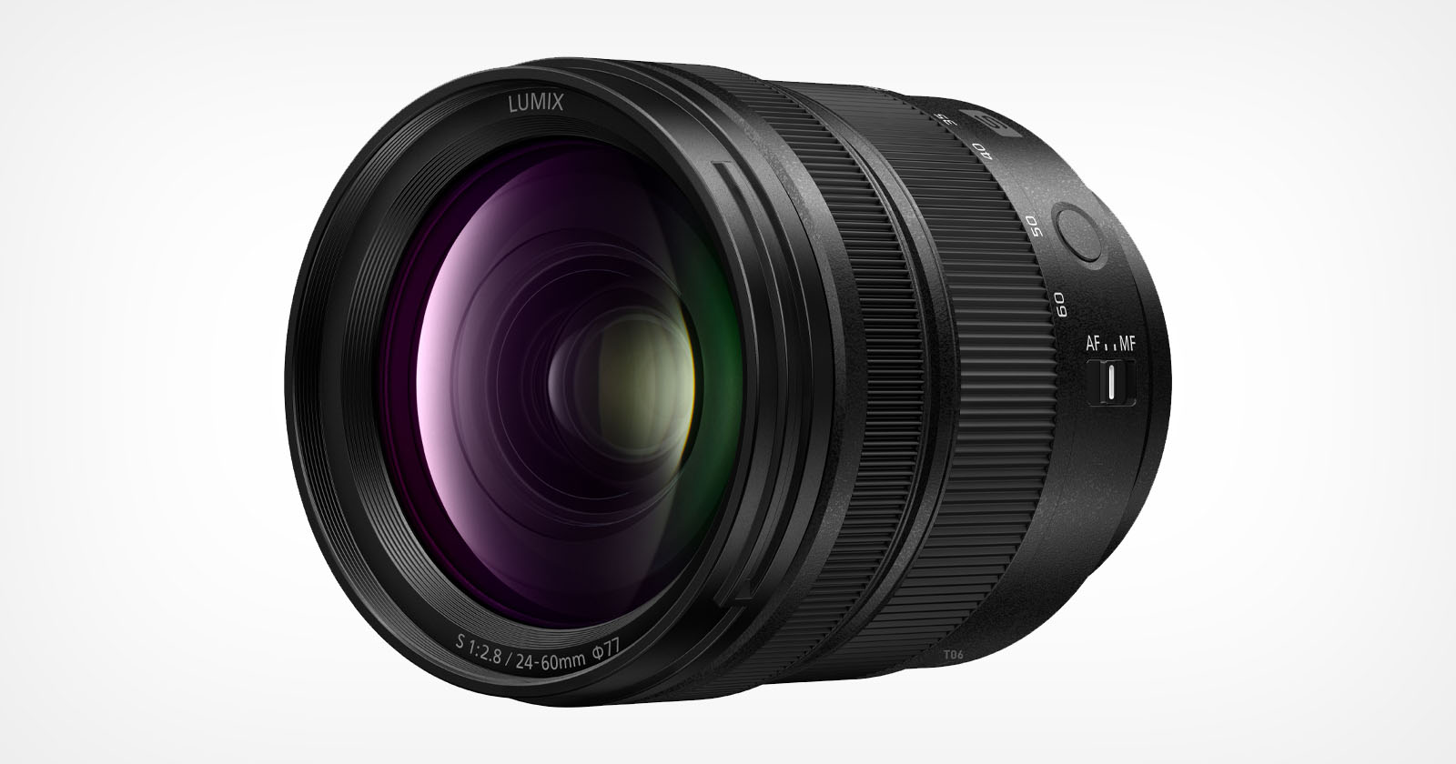 A black Lumix camera lens with purple and green reflections on the glass, shown against a plain white background. The lens has textured focus and zoom rings and labeled focal length markings. A black Lumix camera lens with purple and green reflections on the glass, shown against a plain white background. The lens has textured focus and zoom rings and labeled focal length markings.