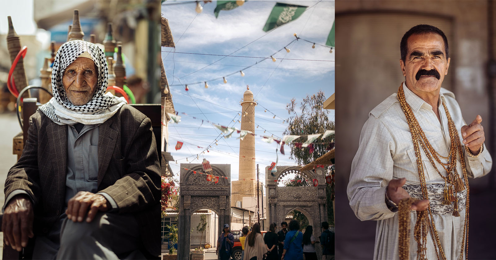 A collage with three sections: an elderly man in a keffiyeh sitting outdoors, a street scene with colorful banners and a tall minaret, and a mustached man in traditional clothing adorned with gold necklaces. A collage with three sections: an elderly man in a keffiyeh sitting outdoors, a street scene with colorful banners and a tall minaret, and a mustached man in traditional clothing adorned with gold necklaces.
