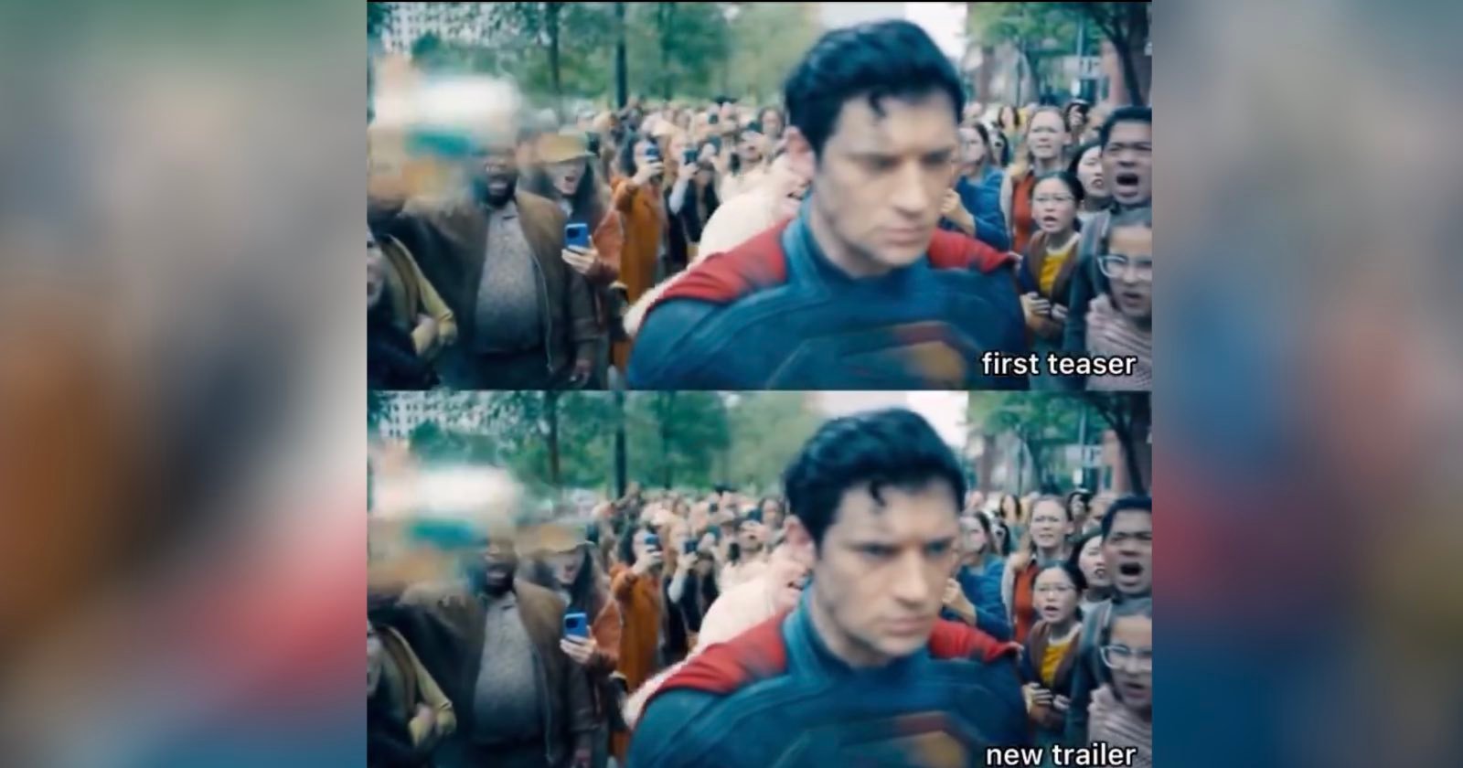 A split image shows a superhero walking through a crowd; the top half is blurry with the caption first teaser, and the bottom half is clear with the caption new trailer. The crowd looks excited and is taking photos. A split image shows a superhero walking through a crowd; the top half is blurry with the caption first teaser, and the bottom half is clear with the caption new trailer. The crowd looks excited and is taking photos.