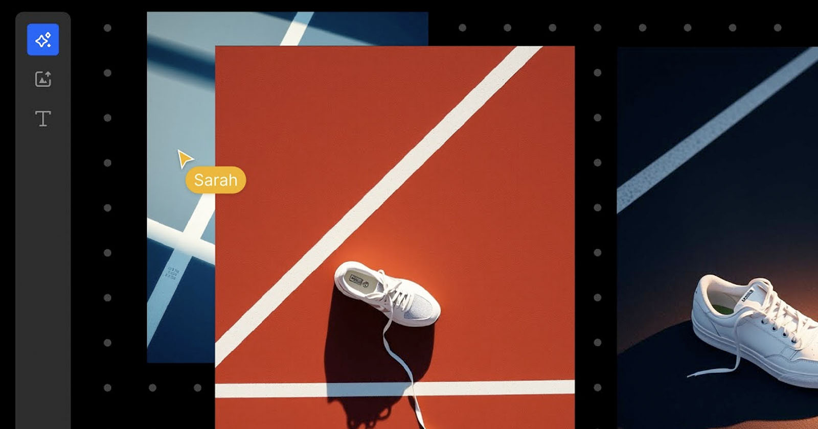 A single white sneaker with an untied lace lies on a red and white sports court, with geometric lines. A yellow label reading Sarah points to the shoe. Nearby, a different white sneaker is partially visible on a blue court. A single white sneaker with an untied lace lies on a red and white sports court, with geometric lines. A yellow label reading Sarah points to the shoe. Nearby, a different white sneaker is partially visible on a blue court.