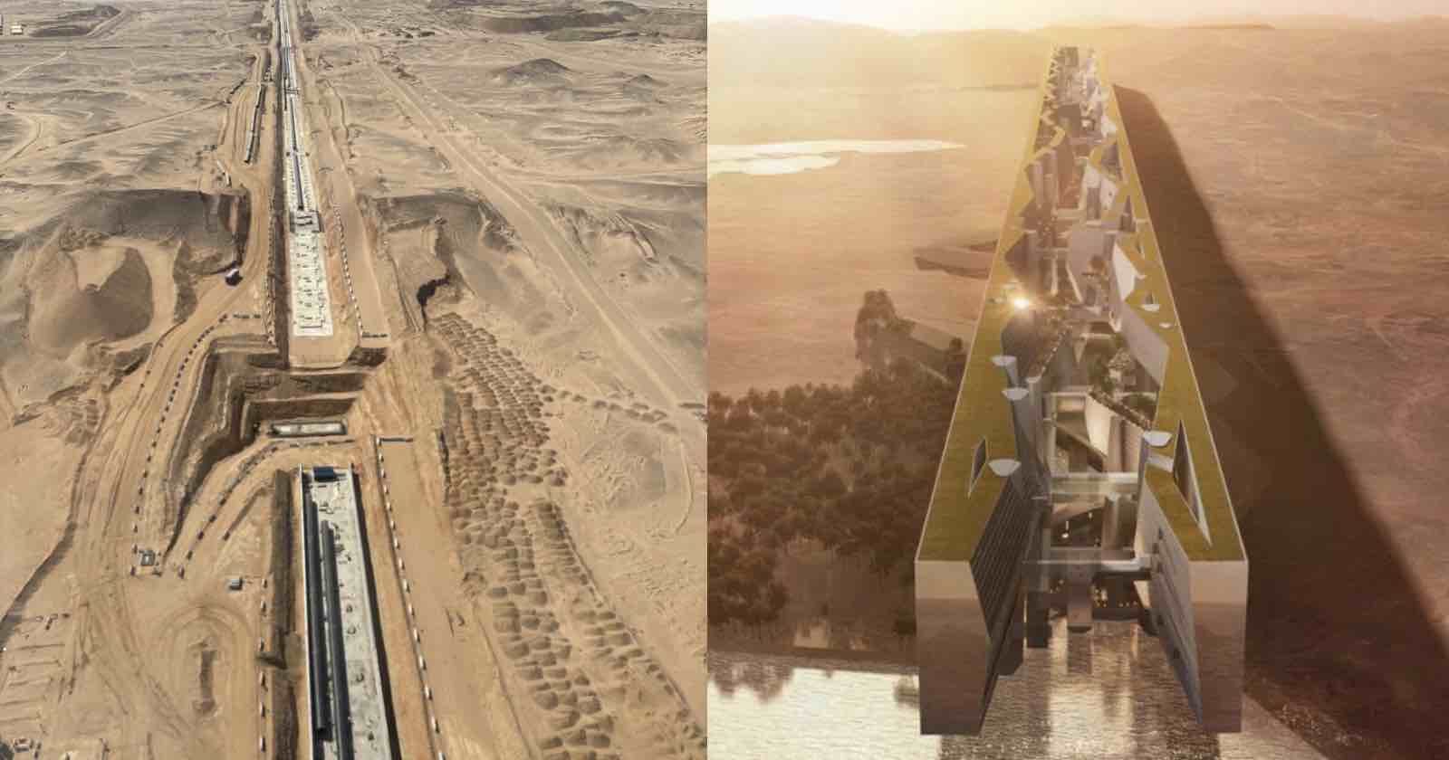 A split-image showing, on the left, a long rectangular construction site in a desert, and on the right, a digital rendering of a similar elongated city structure surrounded by water and greenery. A split-image showing, on the left, a long rectangular construction site in a desert, and on the right, a digital rendering of a similar elongated city structure surrounded by water and greenery.