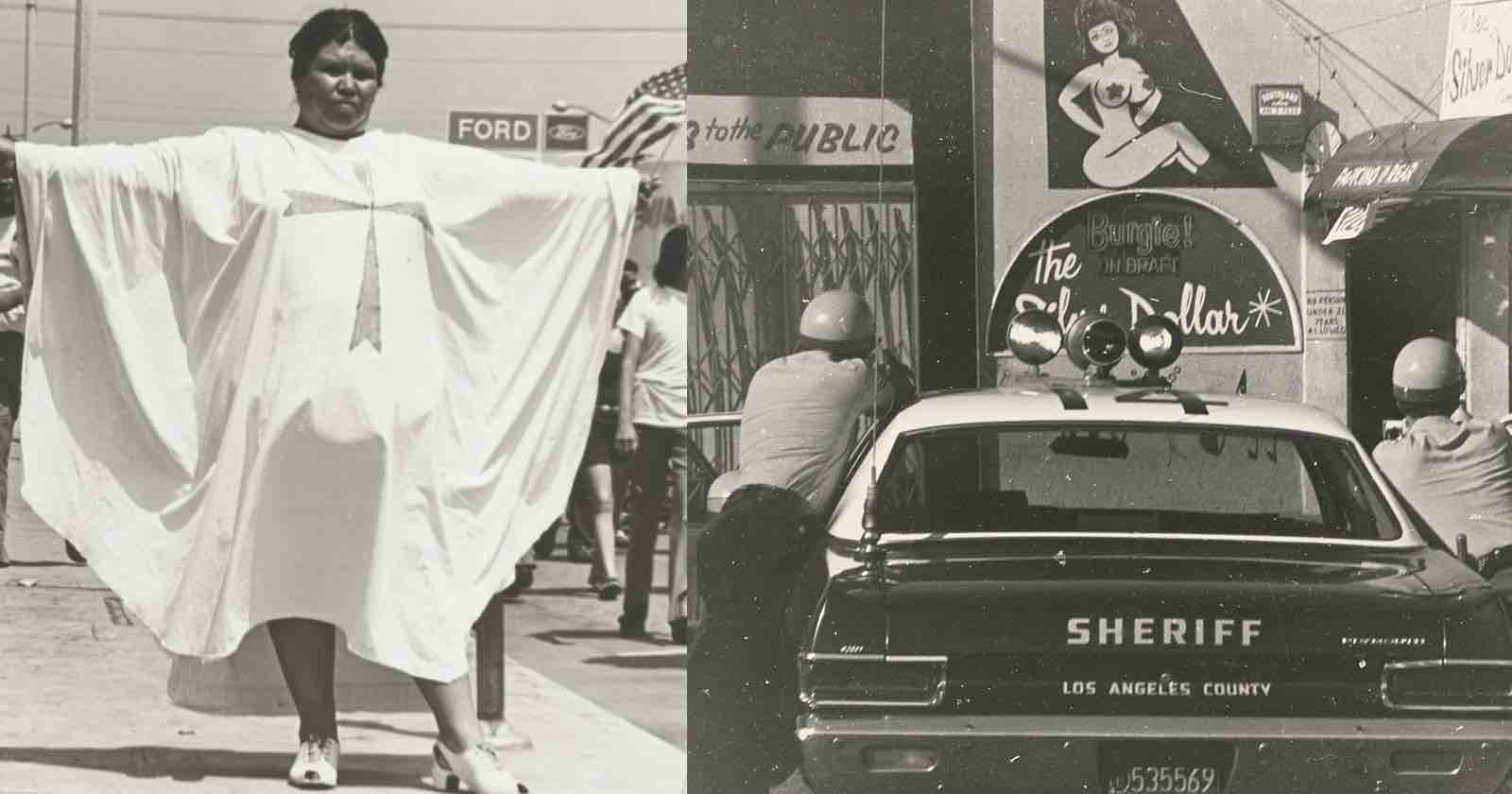 Split photo: On the left, a person wearing a flowing white dress poses with arms outstretched on a street. On the right, two police officers take cover behind a sheriff’s car outside a nightclub. Split photo: On the left, a person wearing a flowing white dress poses with arms outstretched on a street. On the right, two police officers take cover behind a sheriff’s car outside a nightclub.