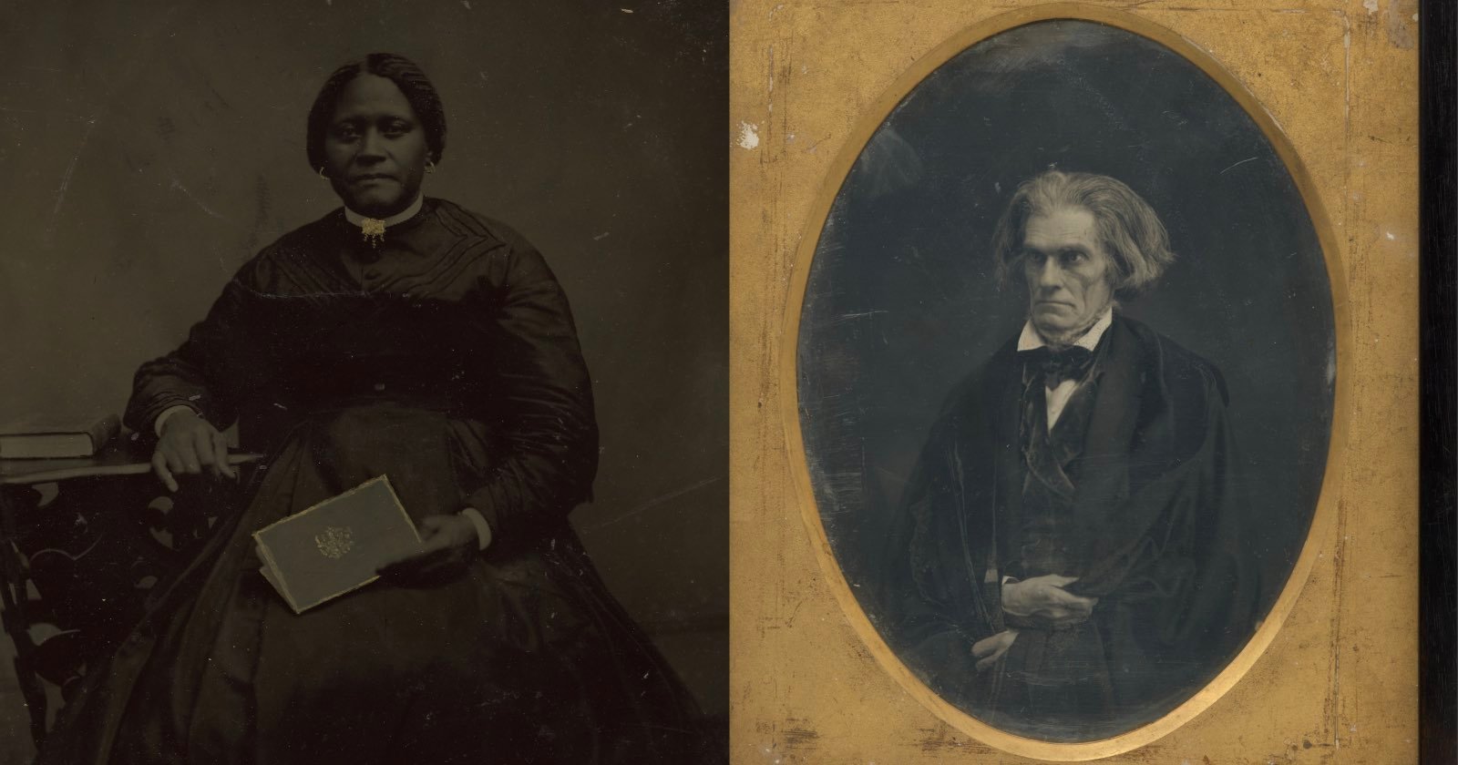 A split image showing a Black woman in a dark dress holding a book on the left, and an older white man in formal attire in an oval frame on the right, both in sepia tones. A split image showing a Black woman in a dark dress holding a book on the left, and an older white man in formal attire in an oval frame on the right, both in sepia tones.