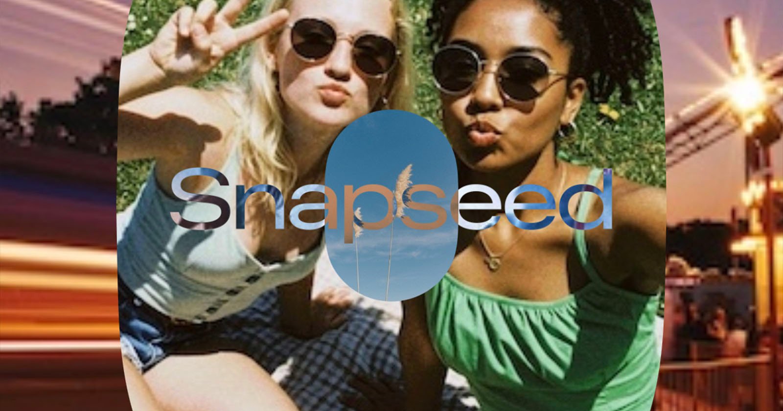 Two women wearing sunglasses pose for a selfie outdoors on grass, one making a peace sign. The word Snapseed is overlaid on the image with a sky and grass graphic inside the letters. Two women wearing sunglasses pose for a selfie outdoors on grass, one making a peace sign. The word Snapseed is overlaid on the image with a sky and grass graphic inside the letters.