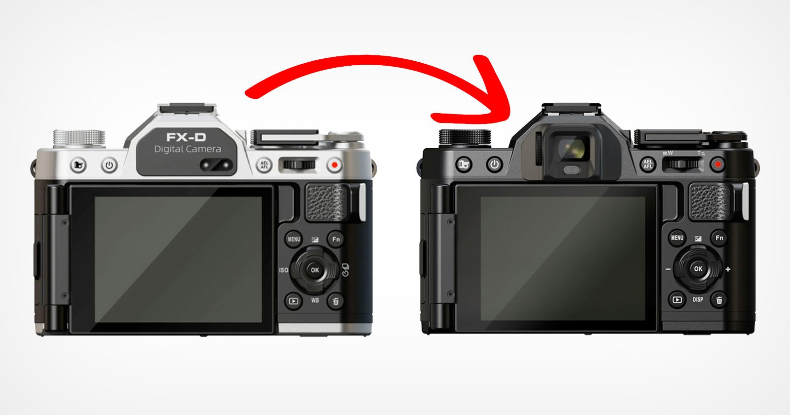 Two digital cameras are shown from the back; a red arrow points from the left silver camera to the right black camera, indicating a transition or upgrade between the two models. Two digital cameras are shown from the back; a red arrow points from the left silver camera to the right black camera, indicating a transition or upgrade between the two models.