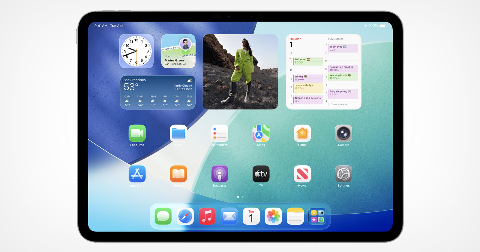 A tablet screen displays the iPadOS home screen with a clock, weather, calendar, contacts, and photos widgets at the top, and app icons like Messages, Maps, Mail, Camera, and Settings at the bottom. A tablet screen displays the iPadOS home screen with a clock, weather, calendar, contacts, and photos widgets at the top, and app icons like Messages, Maps, Mail, Camera, and Settings at the bottom.