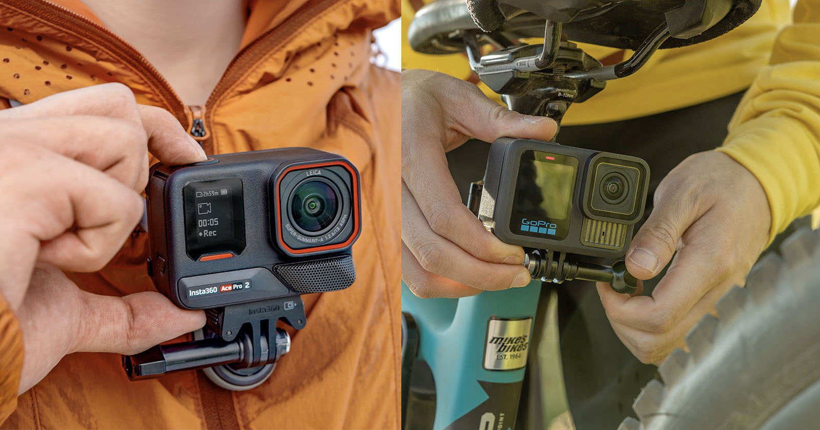 Split image: On the left, a person in an orange jacket holds an Insta360 action camera. On the right, another person attaches a GoPro action camera to a bicycle, wearing a yellow shirt. Split image: On the left, a person in an orange jacket holds an Insta360 action camera. On the right, another person attaches a GoPro action camera to a bicycle, wearing a yellow shirt.