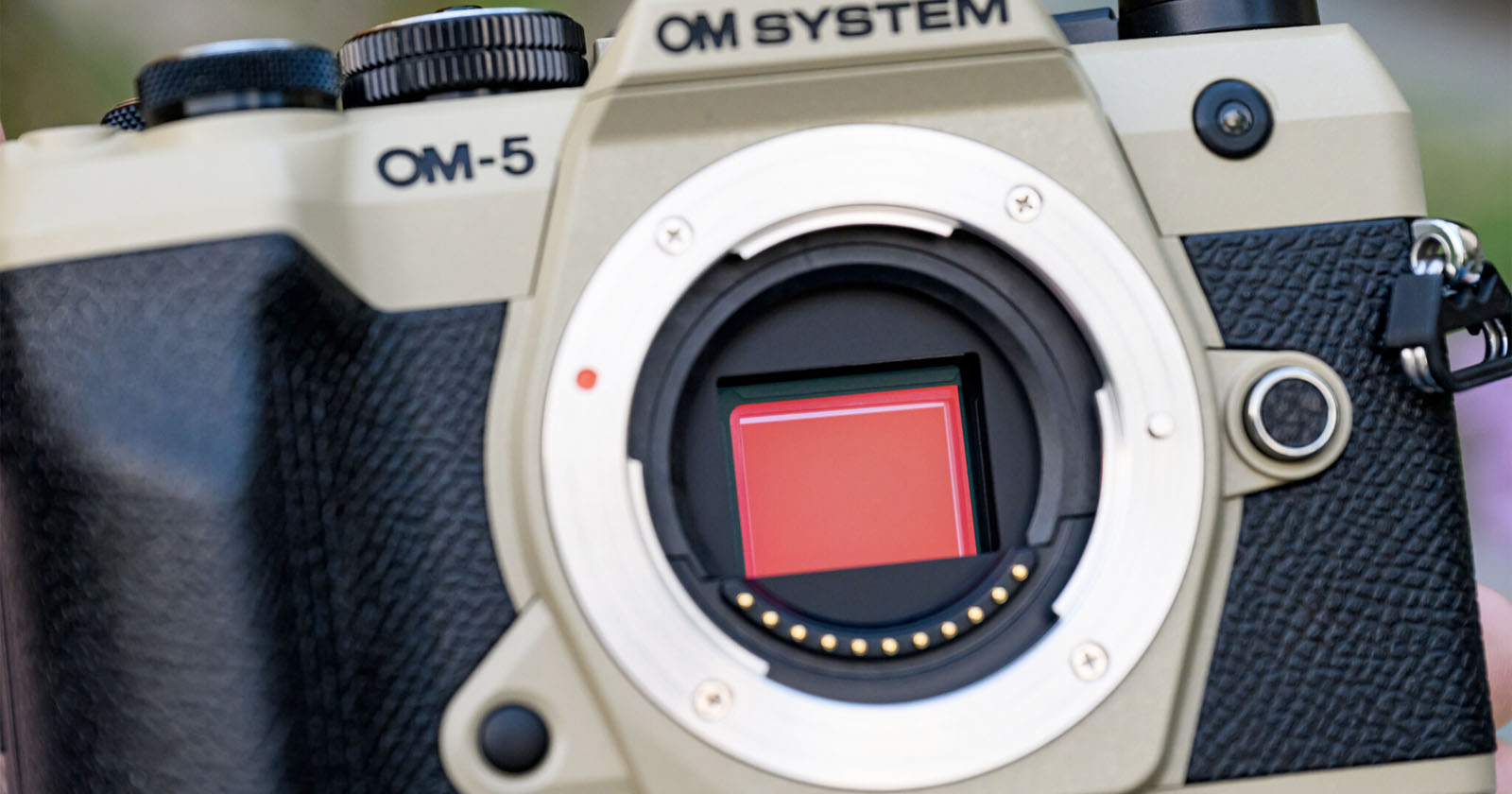 Close-up of an OM SYSTEM OM-5 digital camera with the lens removed, revealing the image sensor inside the camera body. Close-up of an OM SYSTEM OM-5 digital camera with the lens removed, revealing the image sensor inside the camera body.