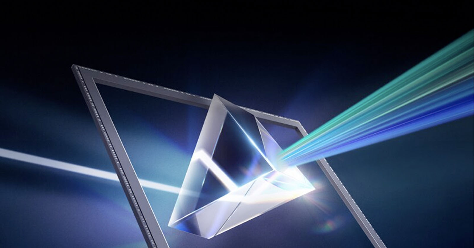 A beam of light passes through a transparent glass prism, splitting into multiple colored rays, against a dark background. The scene suggests the dispersion of light into its spectrum. A beam of light passes through a transparent glass prism, splitting into multiple colored rays, against a dark background. The scene suggests the dispersion of light into its spectrum.